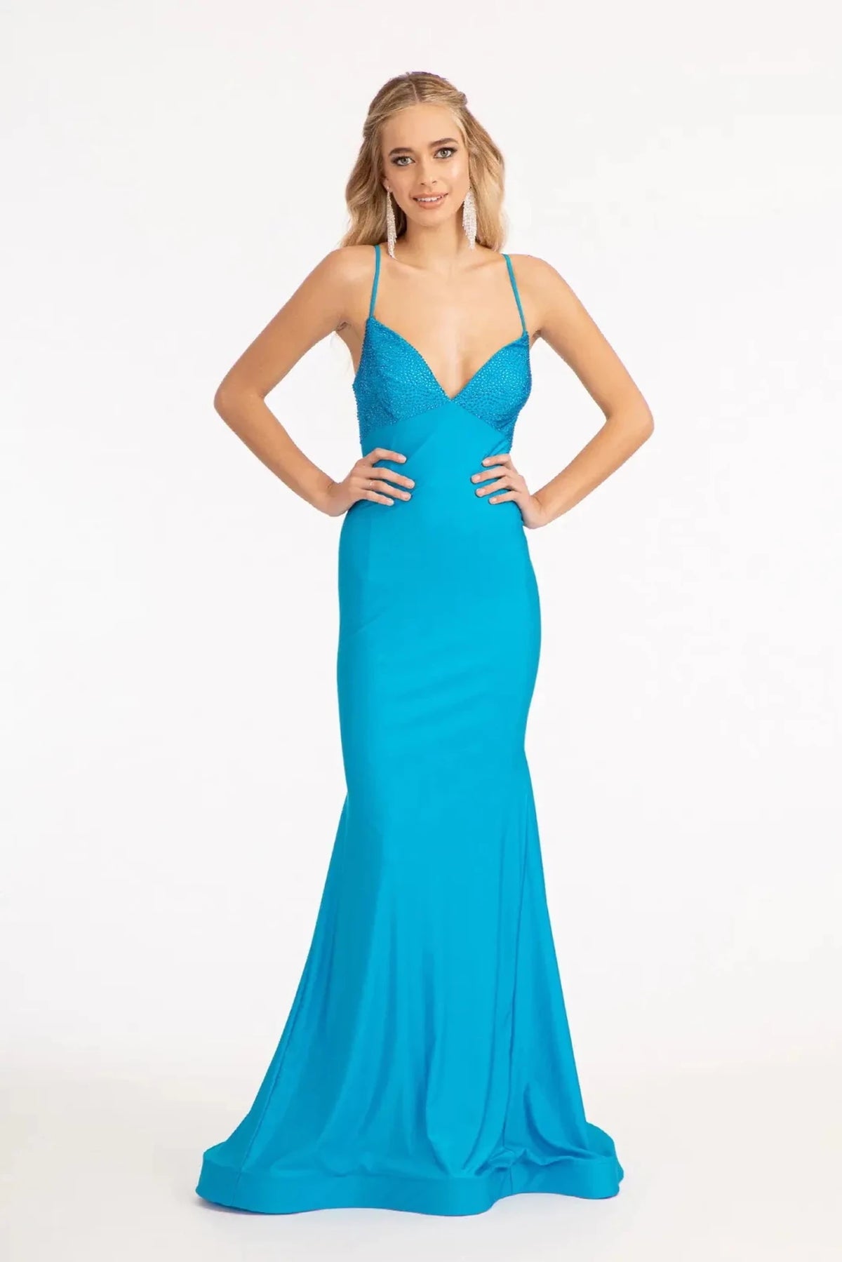 Turquoise beaded prom evening dress full front
