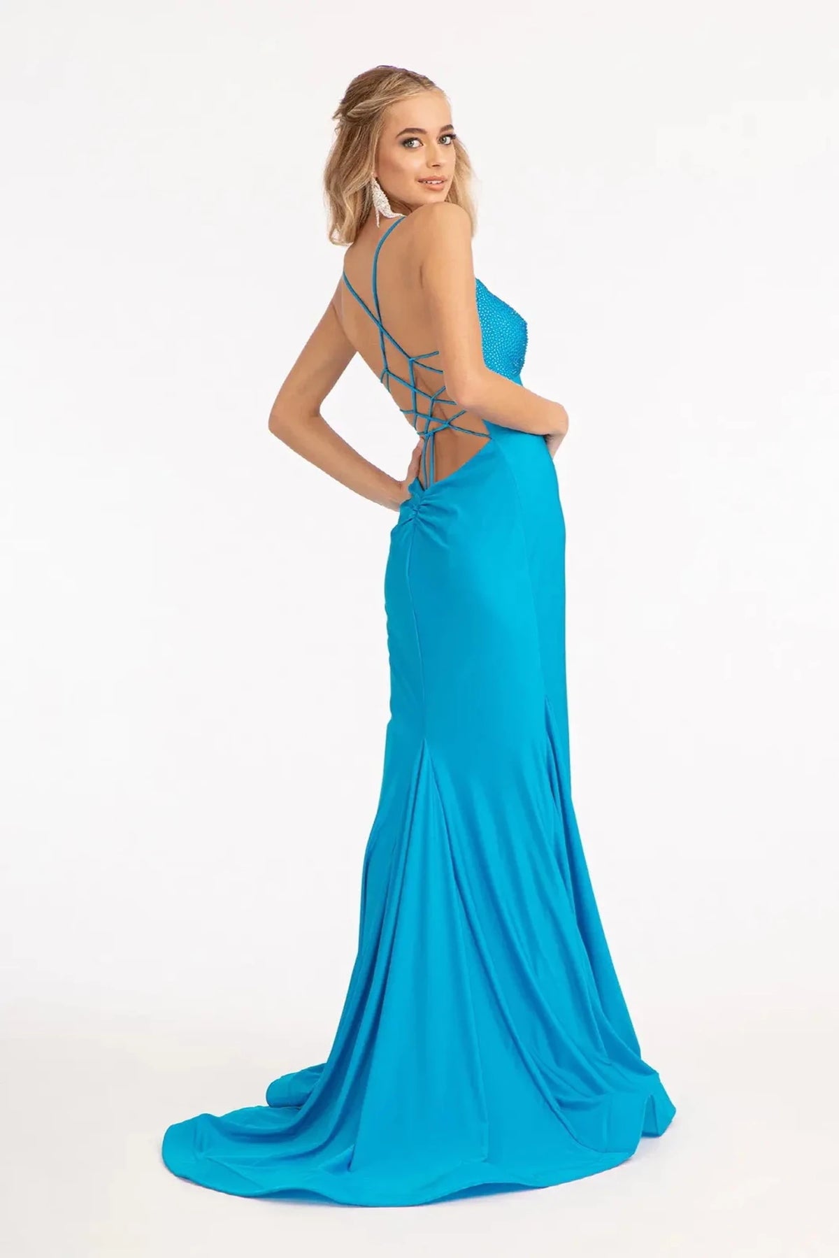 Turquoise prom evening dress full back with lace-up back