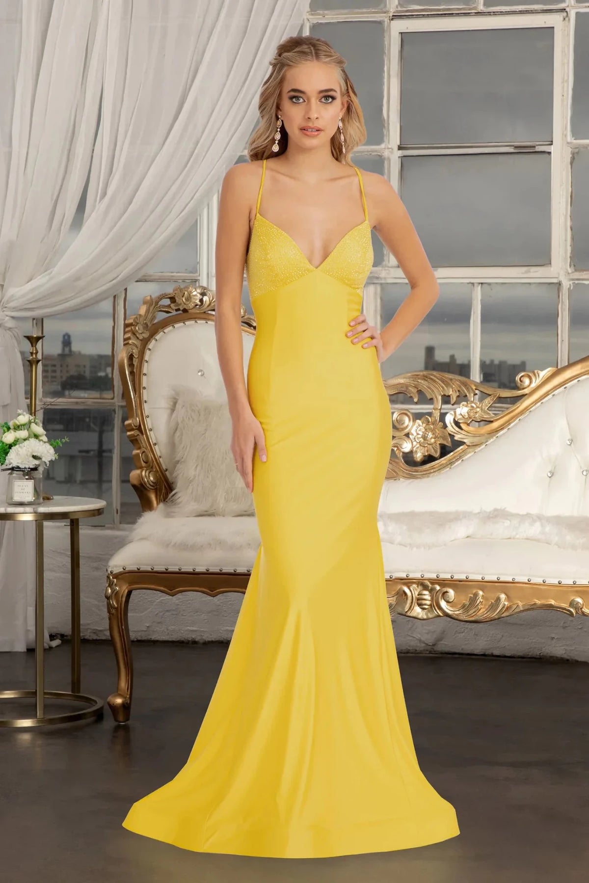 Yellow beaded prom evening dress full front