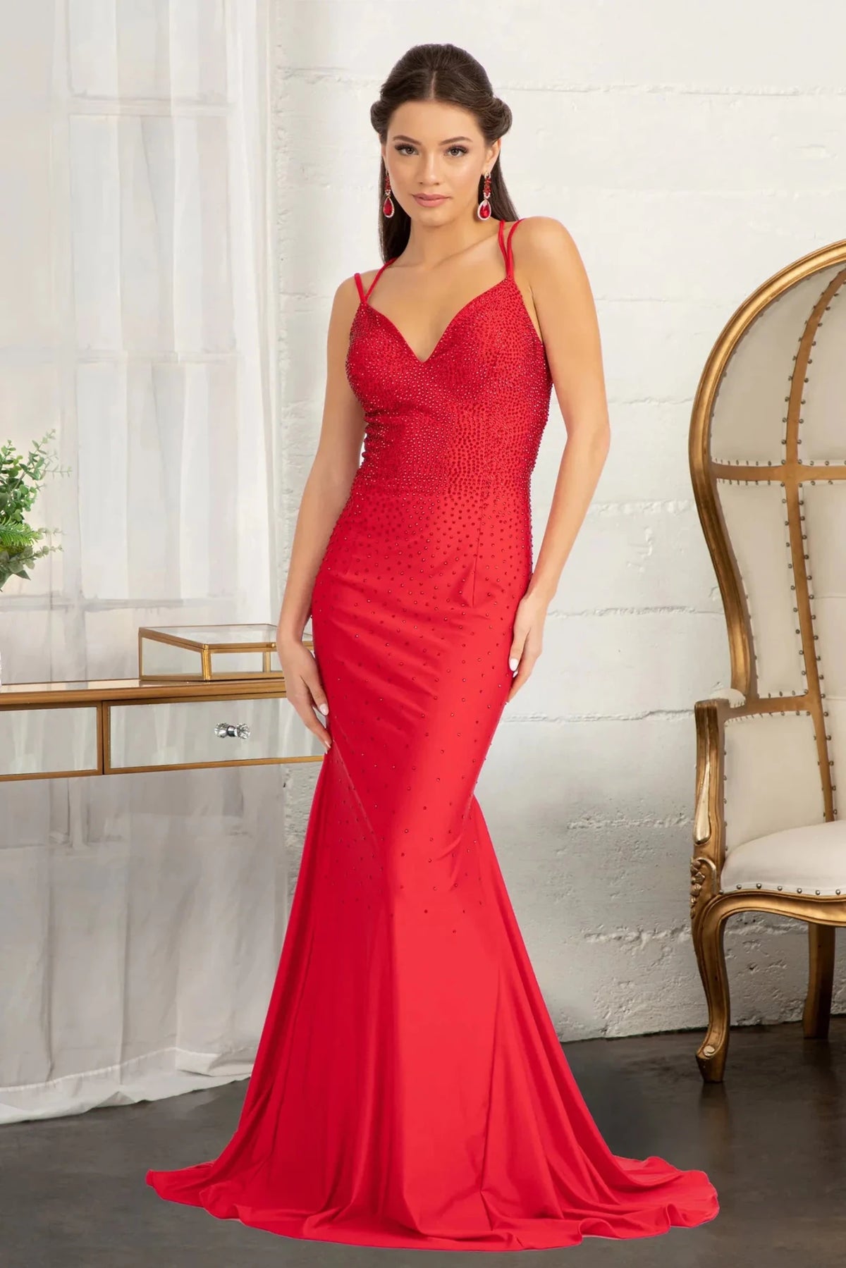 Red beaded prom evening dress full front