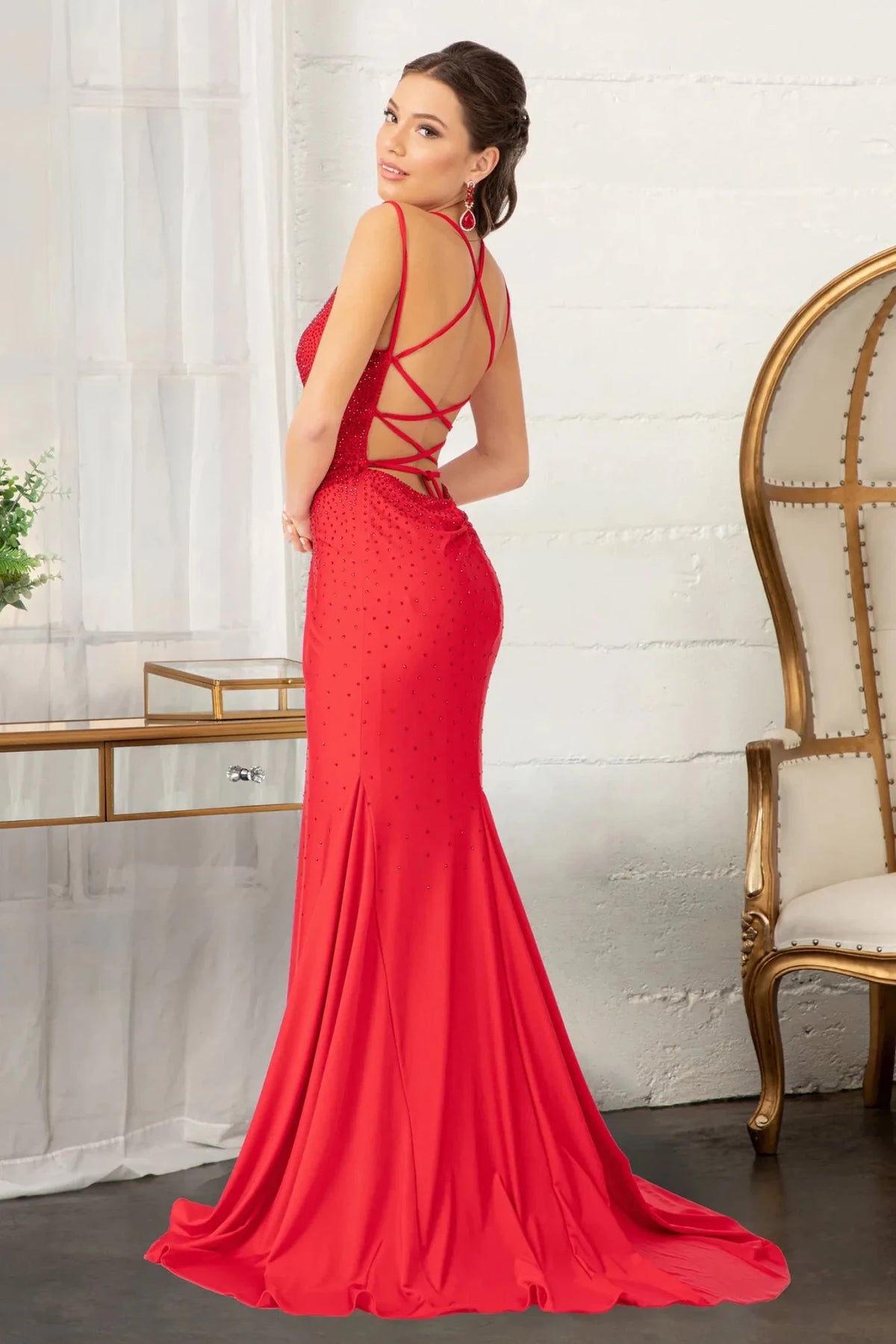 Red prom evening dress full back with open back