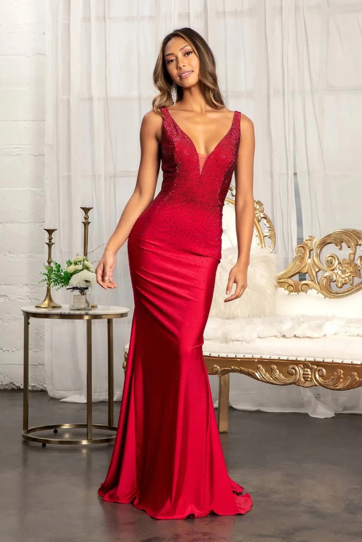 Burgundy beaded prom evening dress full front