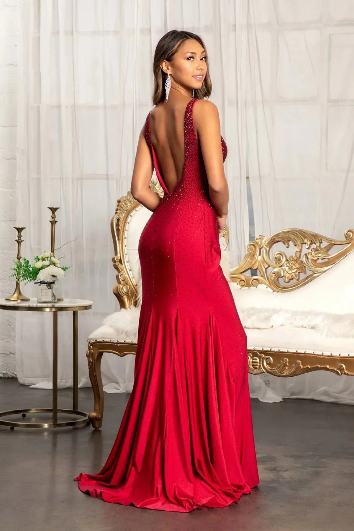 Burgundy prom evening dress full back with open back