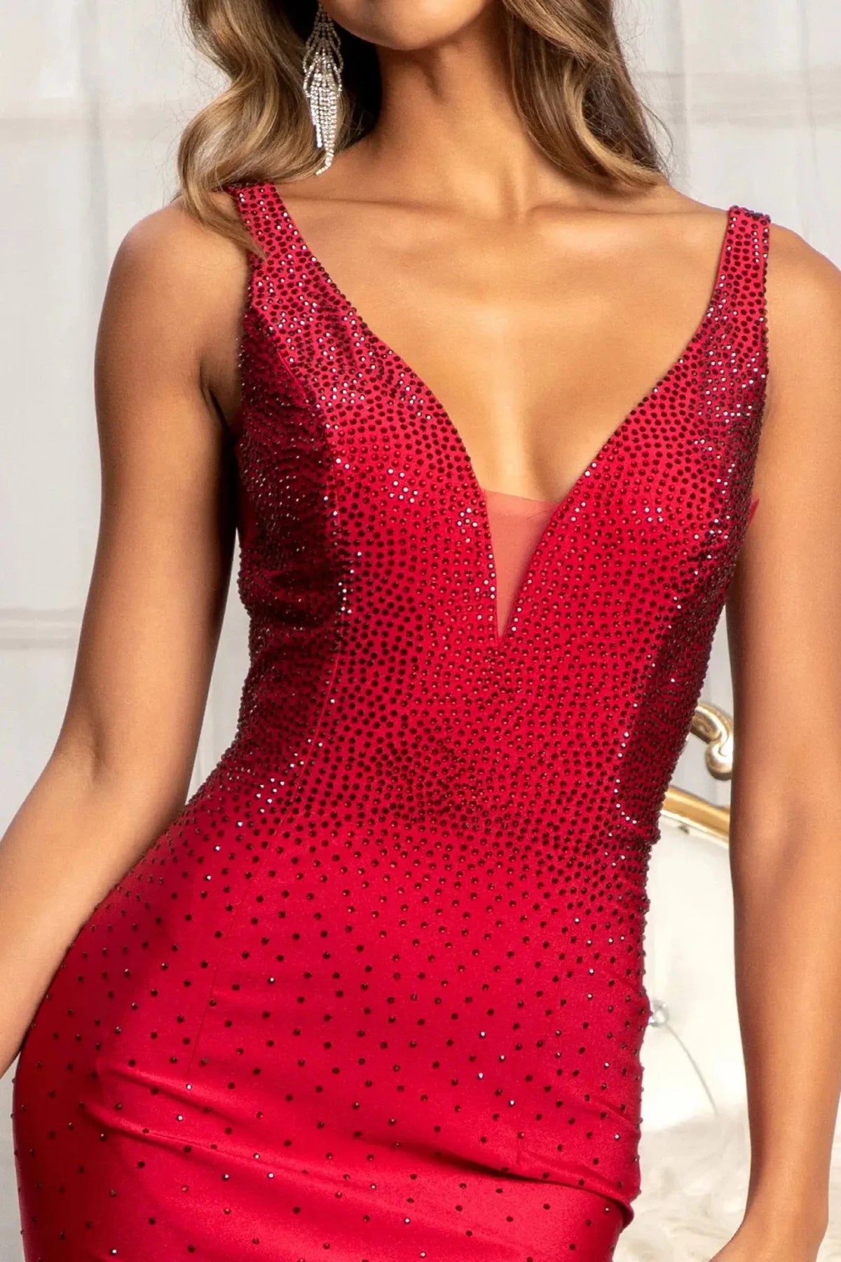 Burgundy illusion v-neck prom evening dress upper front with beads