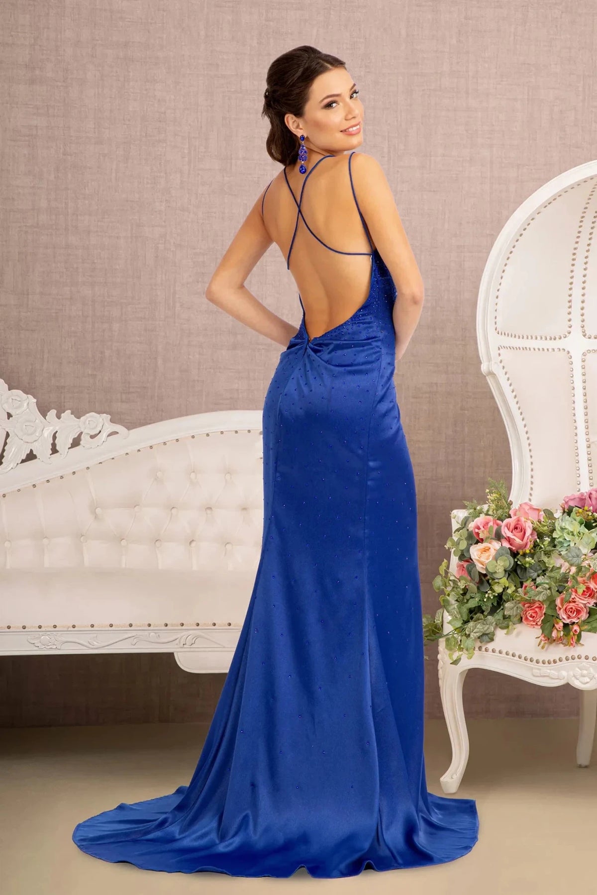 Royal Blue prom evening dress full back with open back