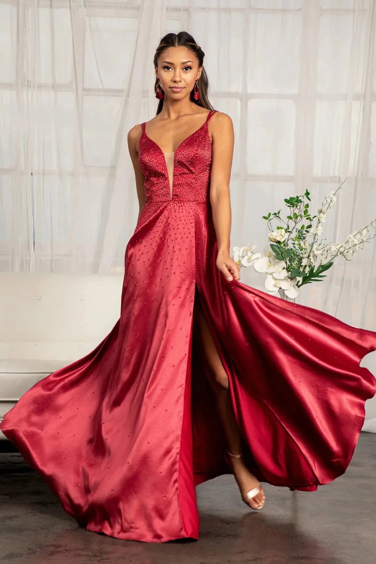 Burgundy beaded prom evening dress full front
