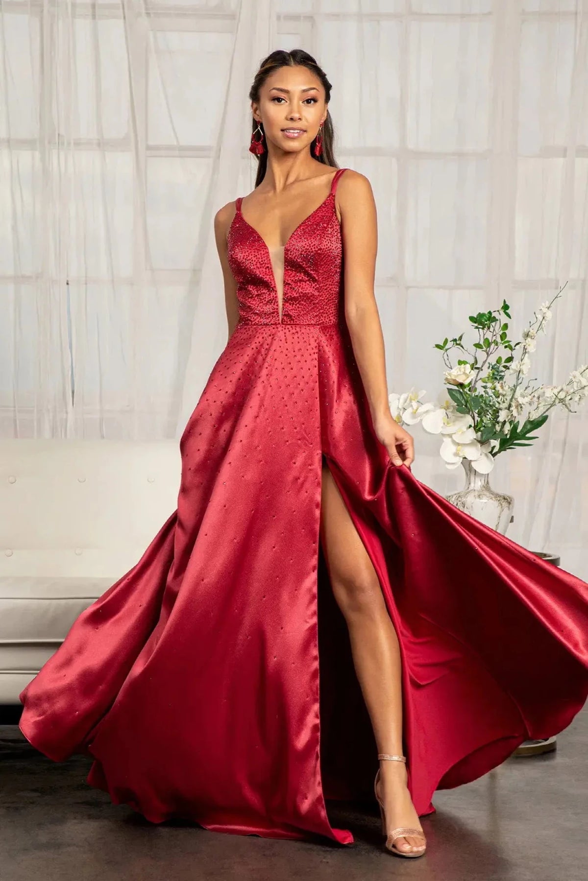 Burgundy prom evening dress full back with lace-up back