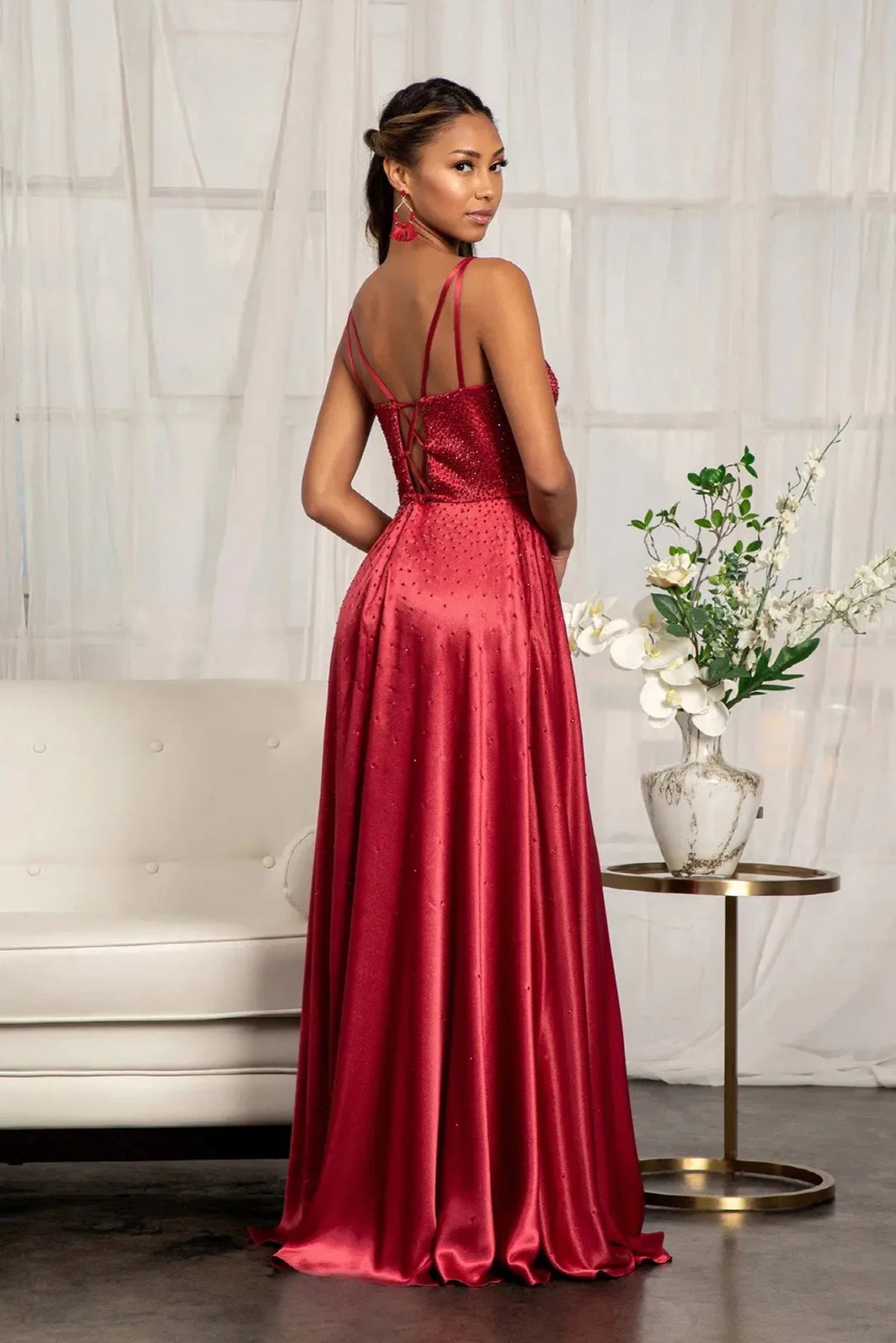 Burgundy illusion sweetheart prom evening dress upper front with beads