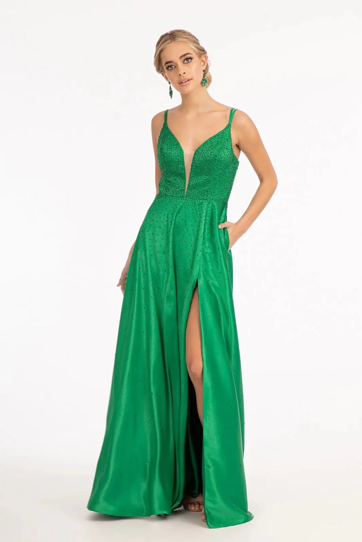 Emerald Green beaded prom evening dress full front