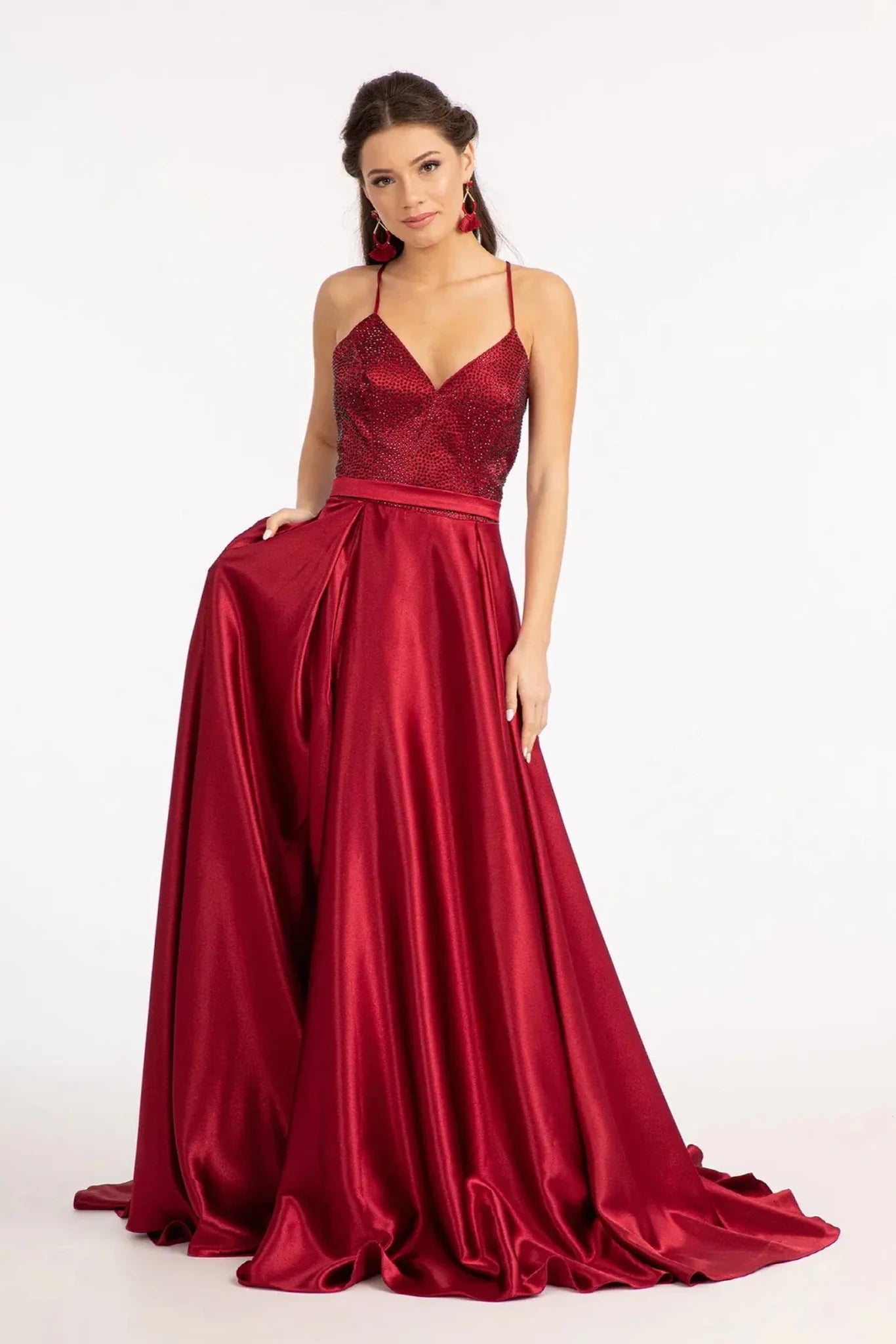 Burgundy rhinestone satin corset mother of the bride dress full front view
