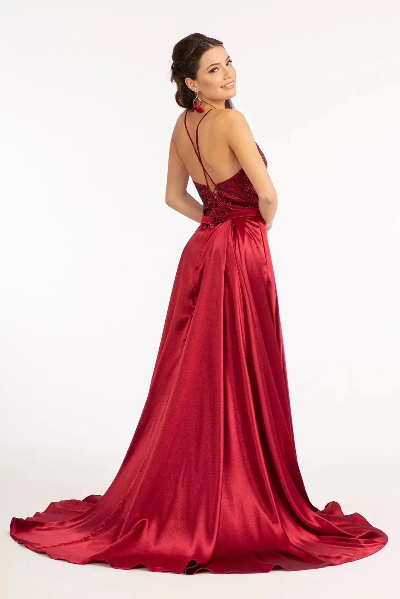 Burgundy rhinestone satin corset mother of the bride dress full back view