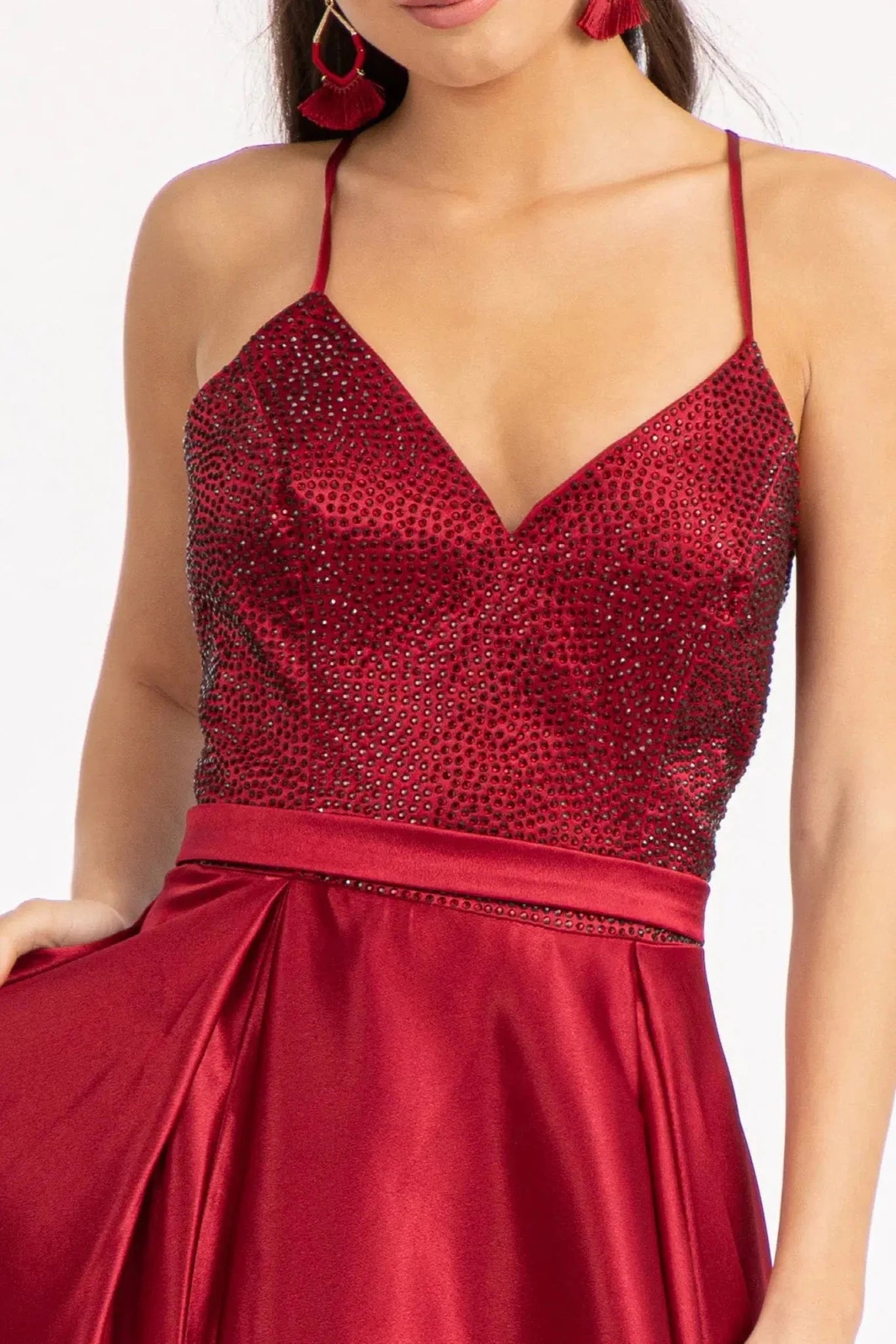 Burgundy rhinestone satin corset mother of the bride dress front bodice view