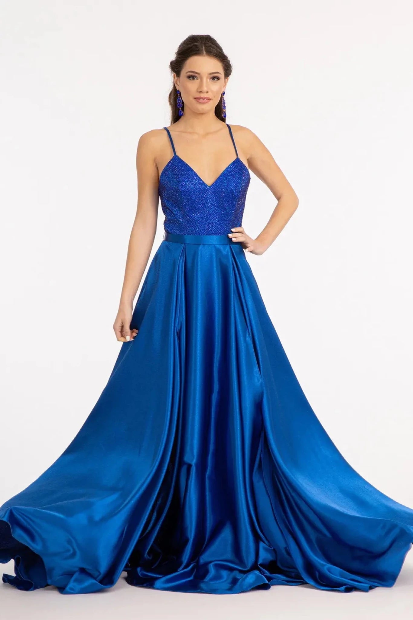 Royal Blue rhinestone satin corset mother of the bride dress full front view