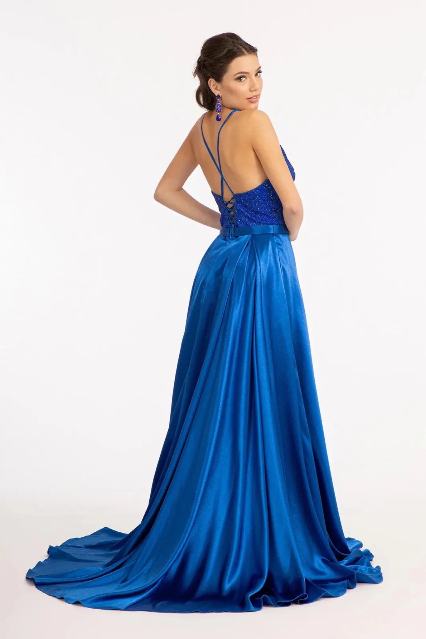 Royal Blue rhinestone satin corset mother of the bride dress full back view