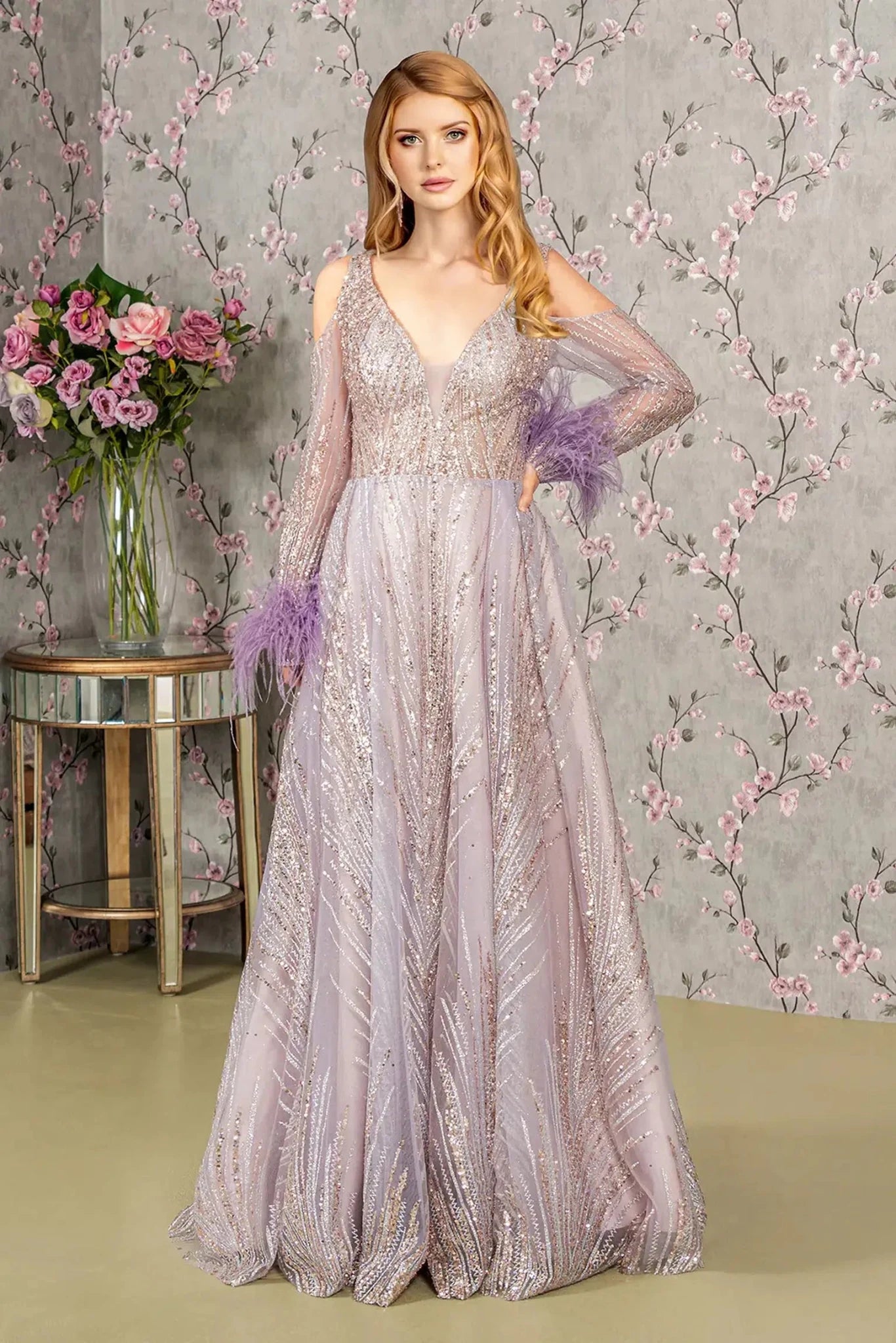 Lilac sequin feather sleeve mother of the bride dress full front view