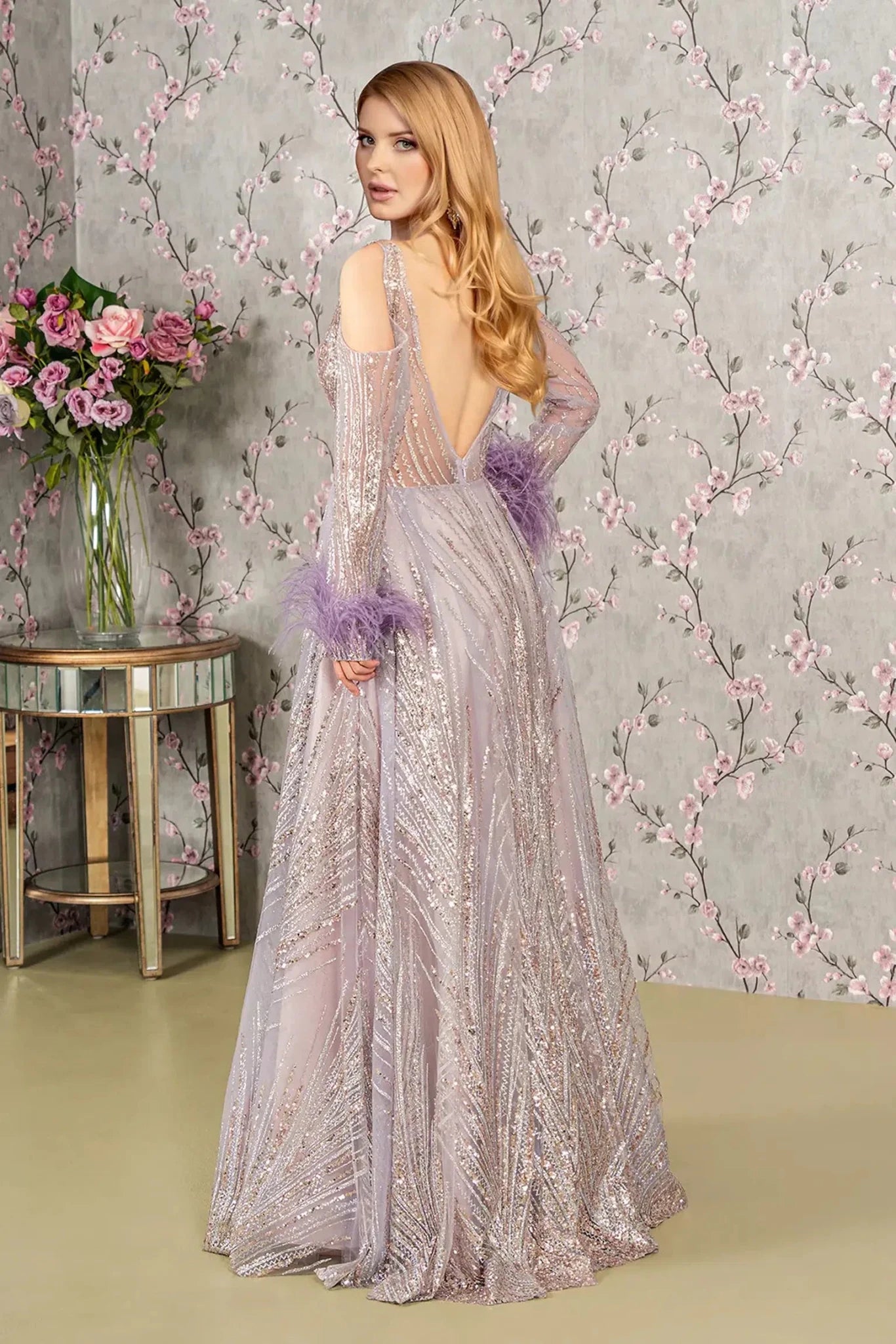 Lilac sequin feather sleeve mother of the bride dress full back view