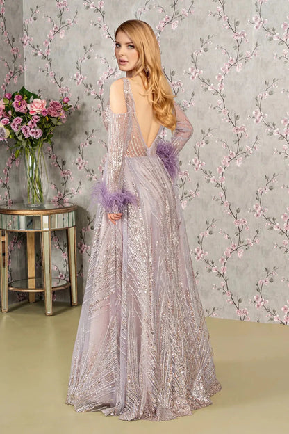 Rear view reveals lilac sequin feather sleeve mother of the bride dress.