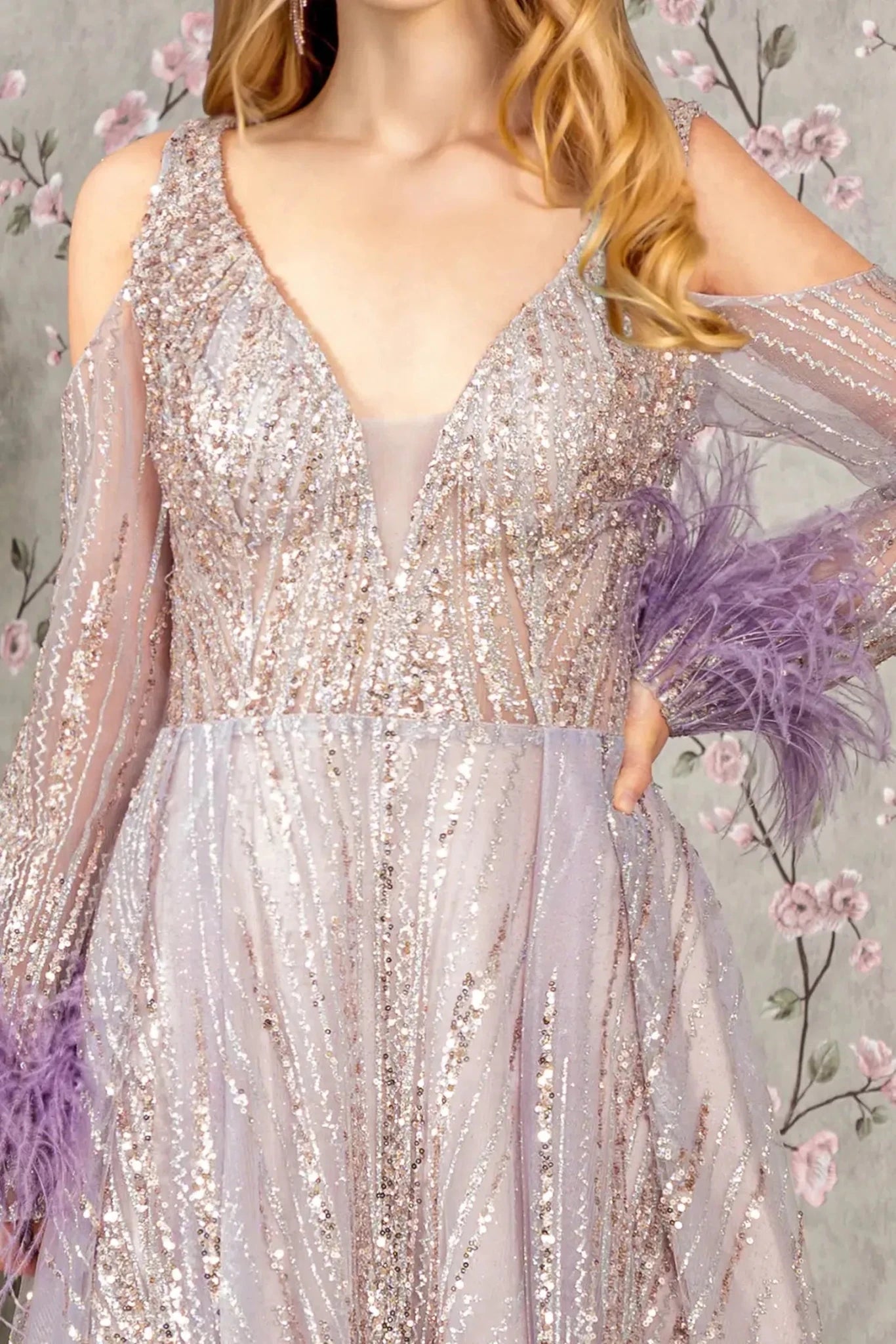 Lilac sequin feather sleeve mother of the bride dress front bodice view