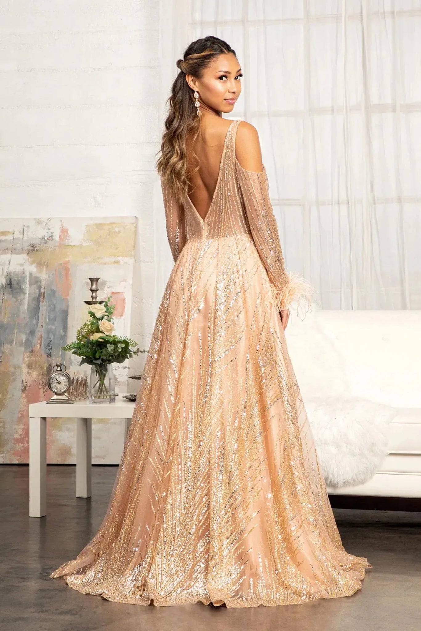 Rose Gold sequin feather sleeve mother of the bride dress full front view