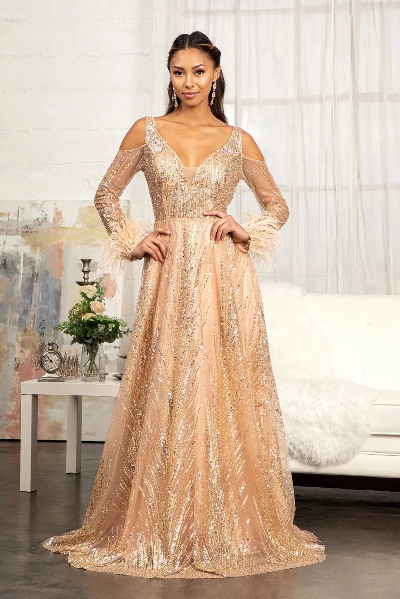 Rose Gold sequin feather sleeve mother of the bride dress full back view