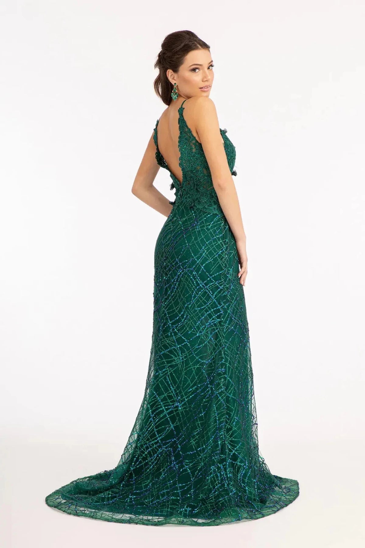 Green prom evening dress full back with open back