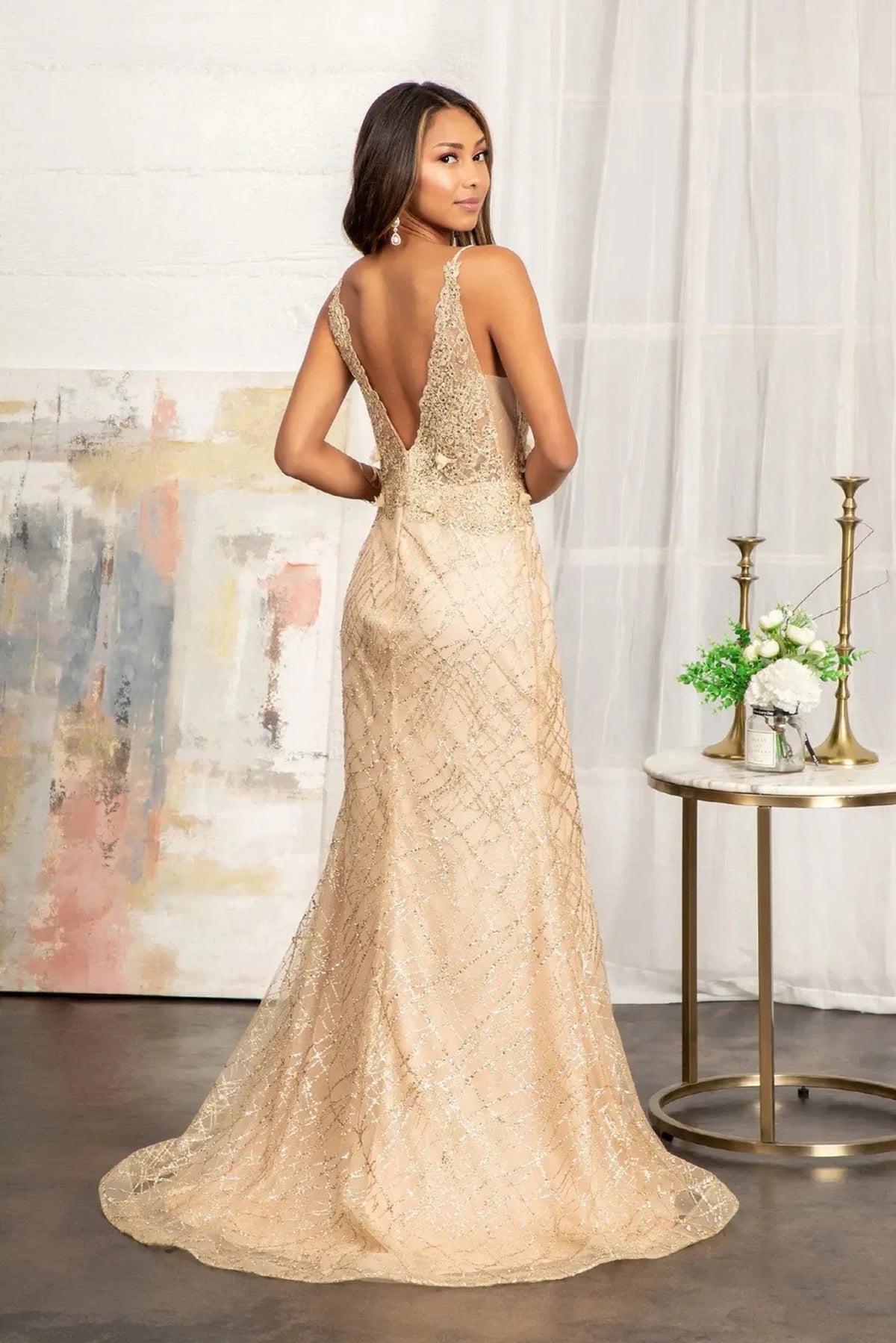 Light Gold prom evening dress full back with open back