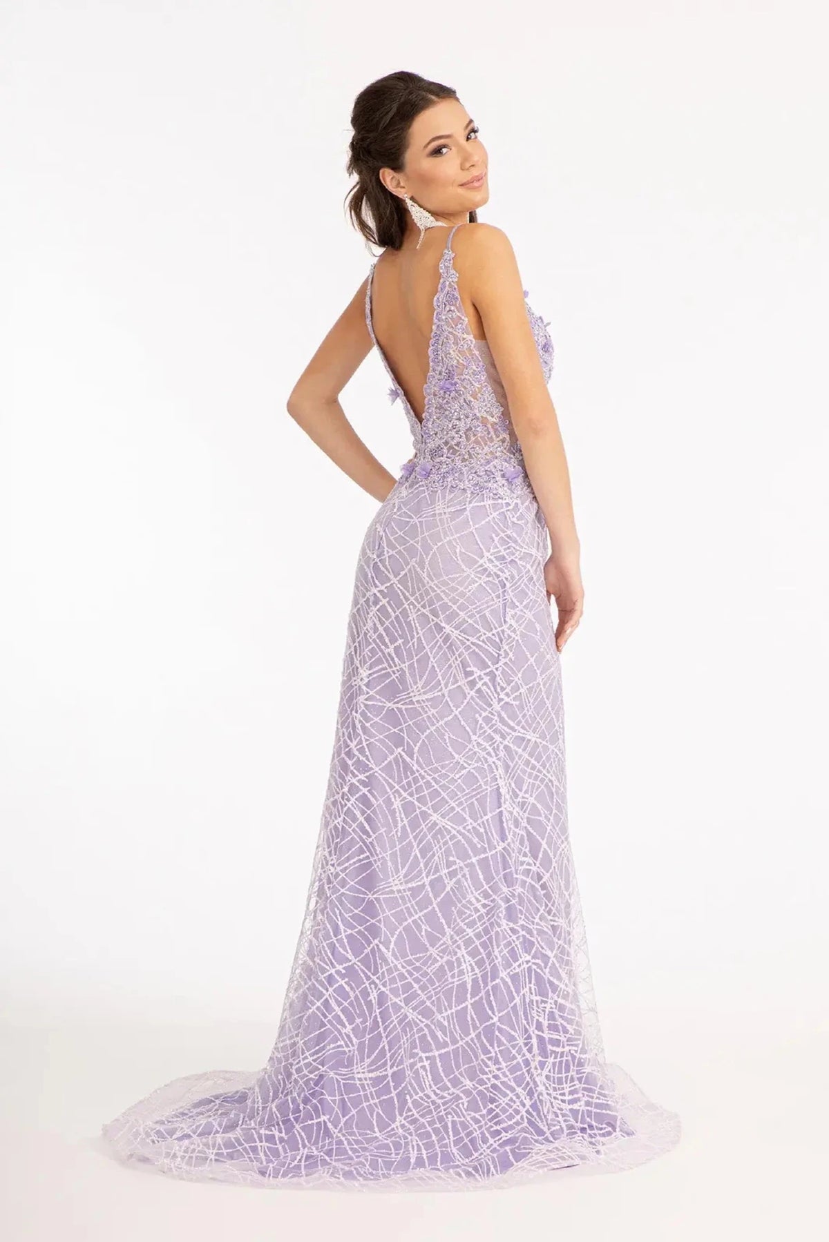 Lilac prom evening dress full back with open back