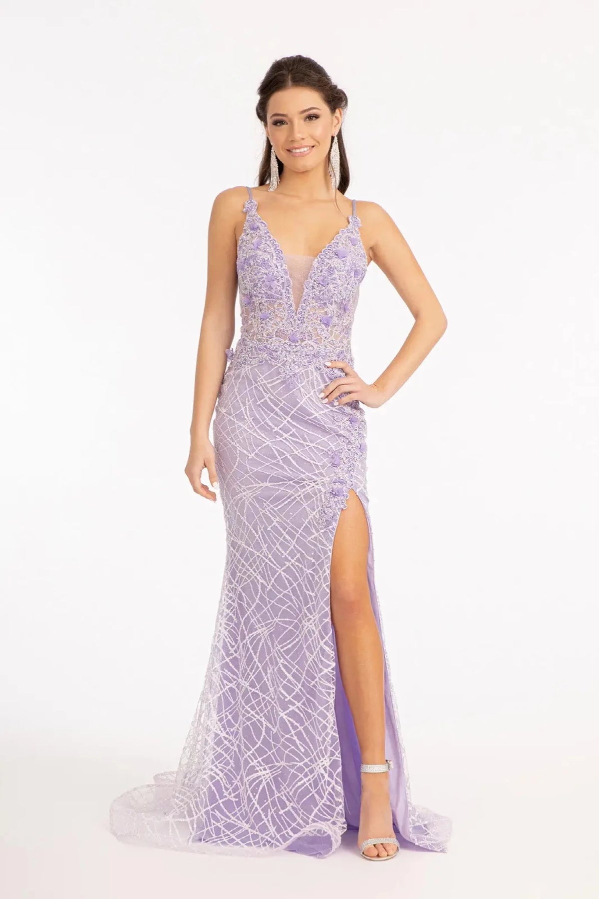 Lilac illusion v-neck prom evening dress upper front with applique, beads, embroidery, glitter