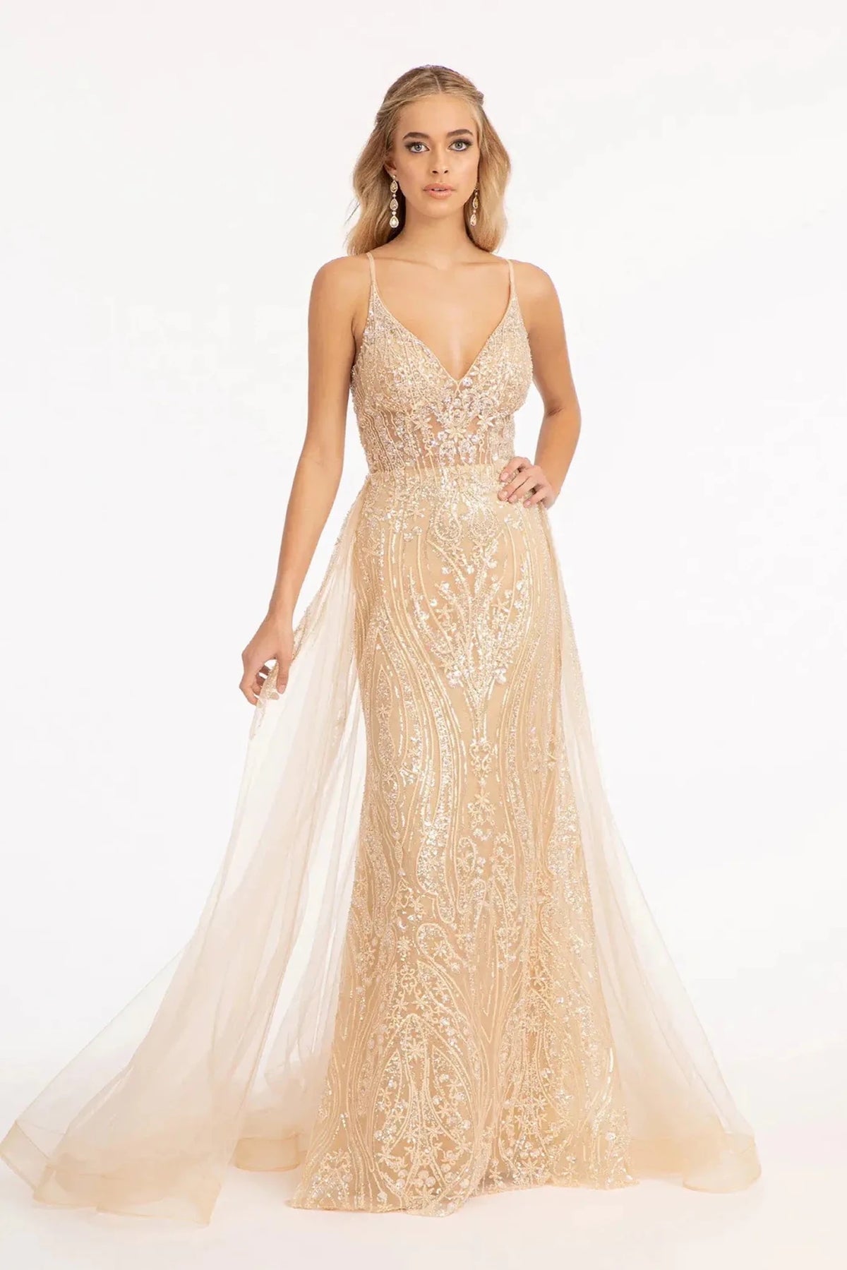 Champagne embroidered prom evening dress full front