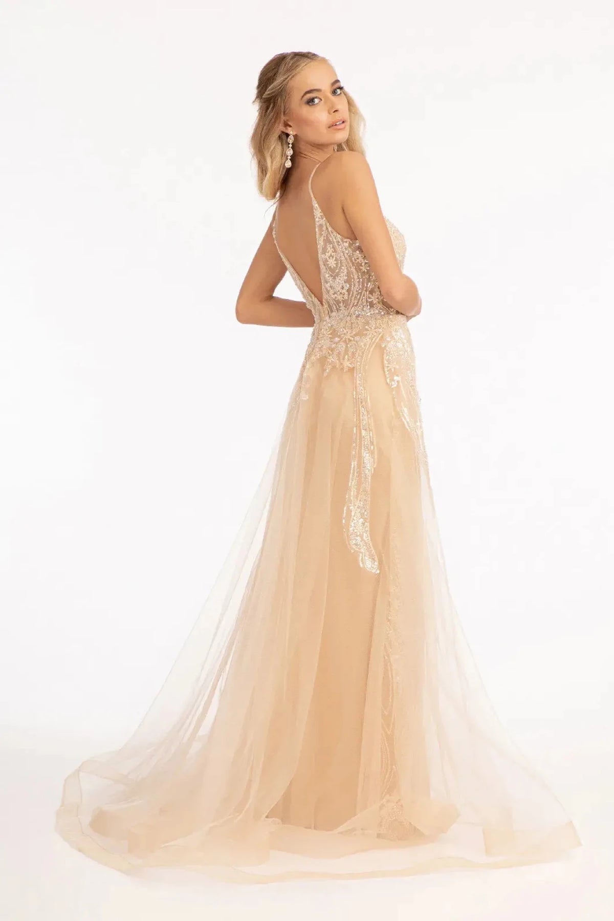 Champagne prom evening dress full back with open back