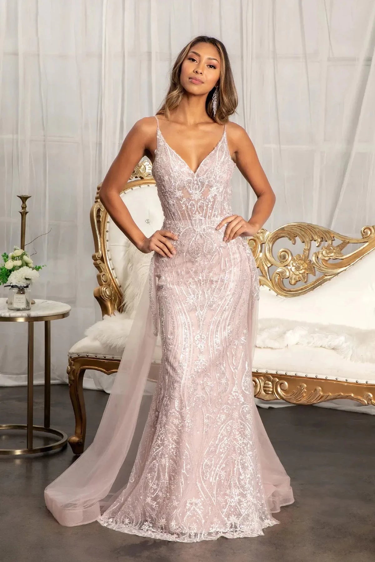 Mauve embroidered prom evening dress full front