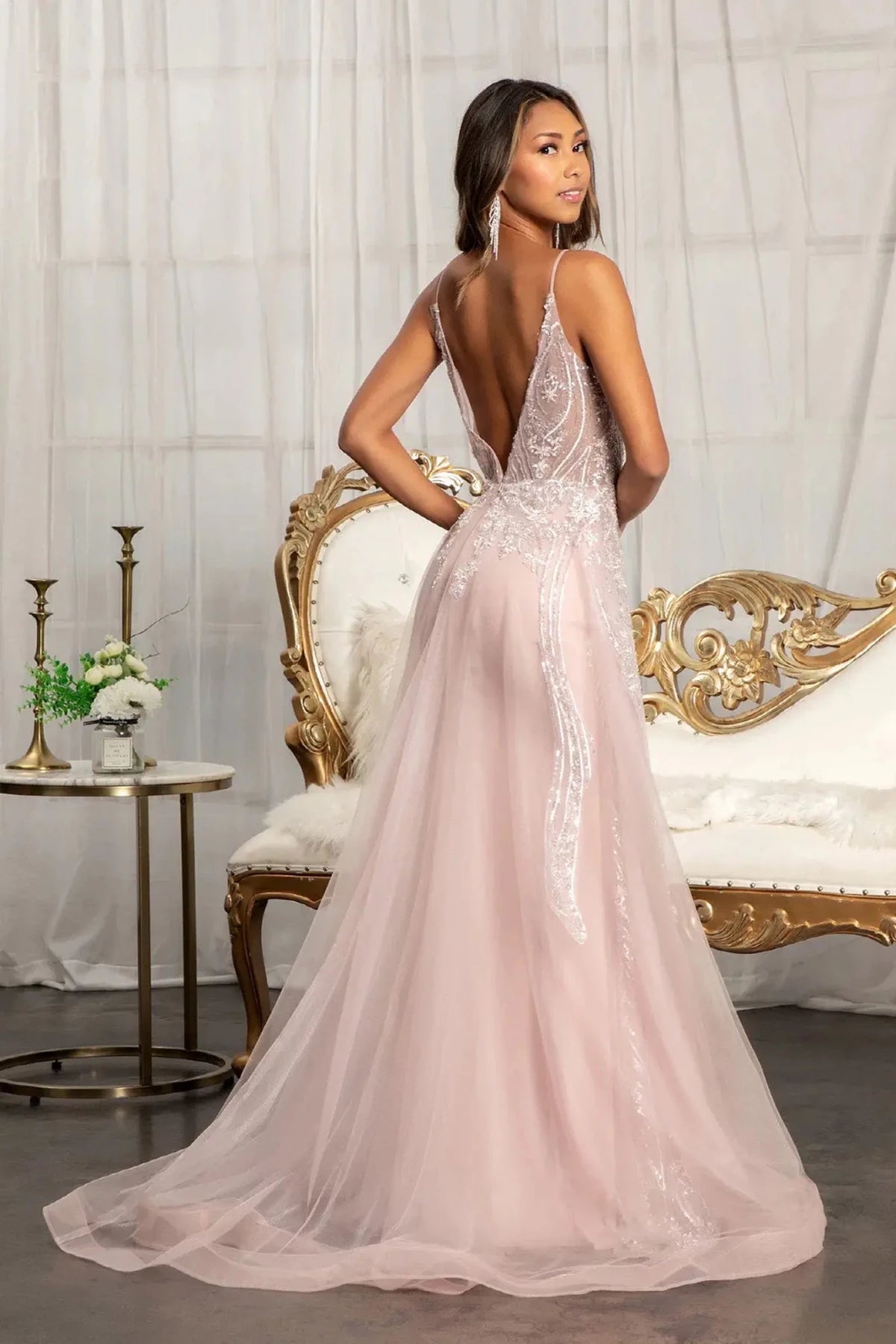Mauve prom evening dress full back with open back