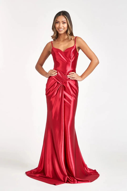 Full-length front view shows sweetheart styling on the Burgundy prom evening dress.