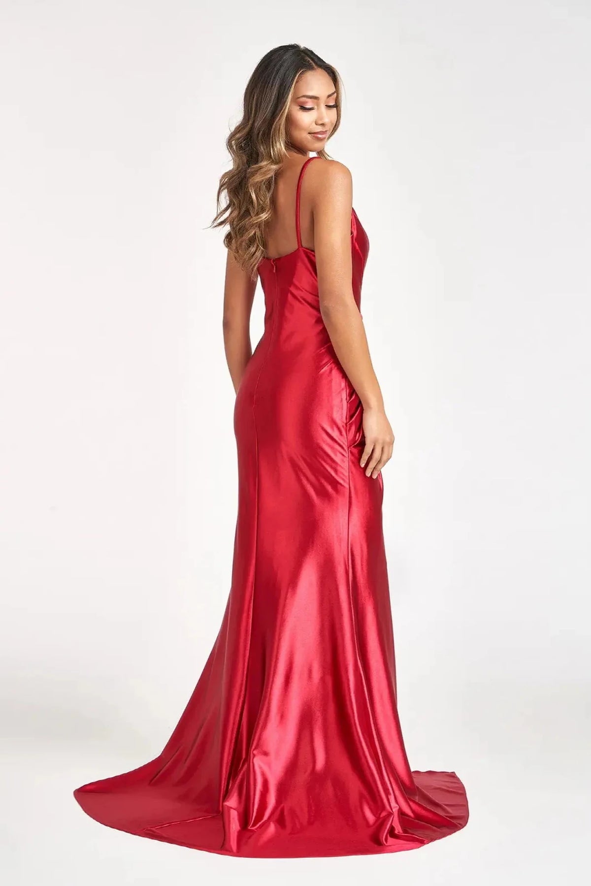 Burgundy prom evening dress full back with open back