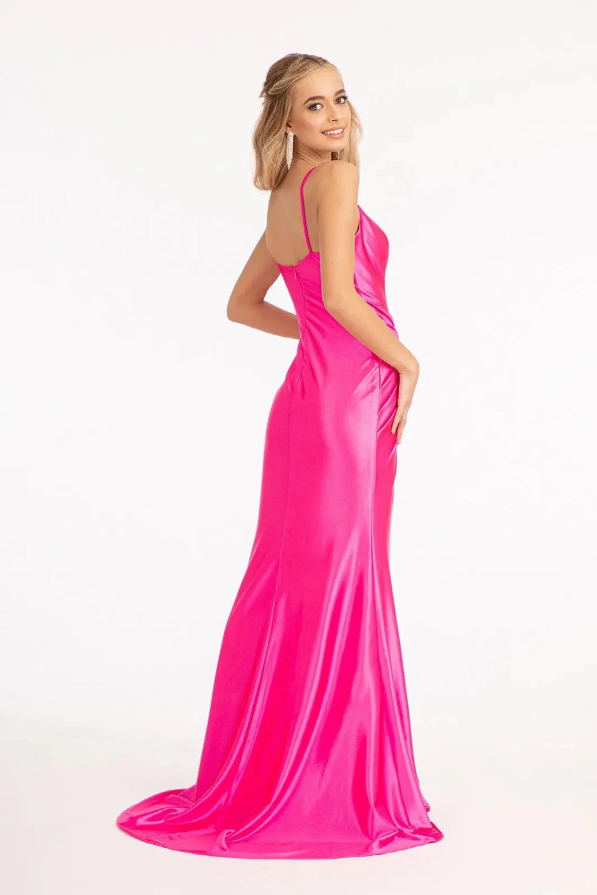 Fuchsia prom evening dress full back with open back
