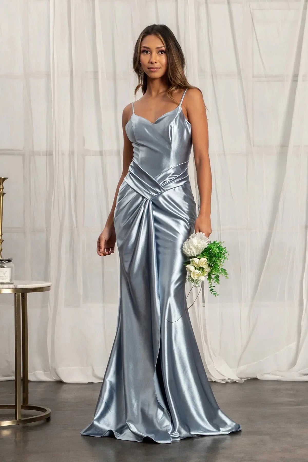 Smoky Blue prom evening dress full back with open back
