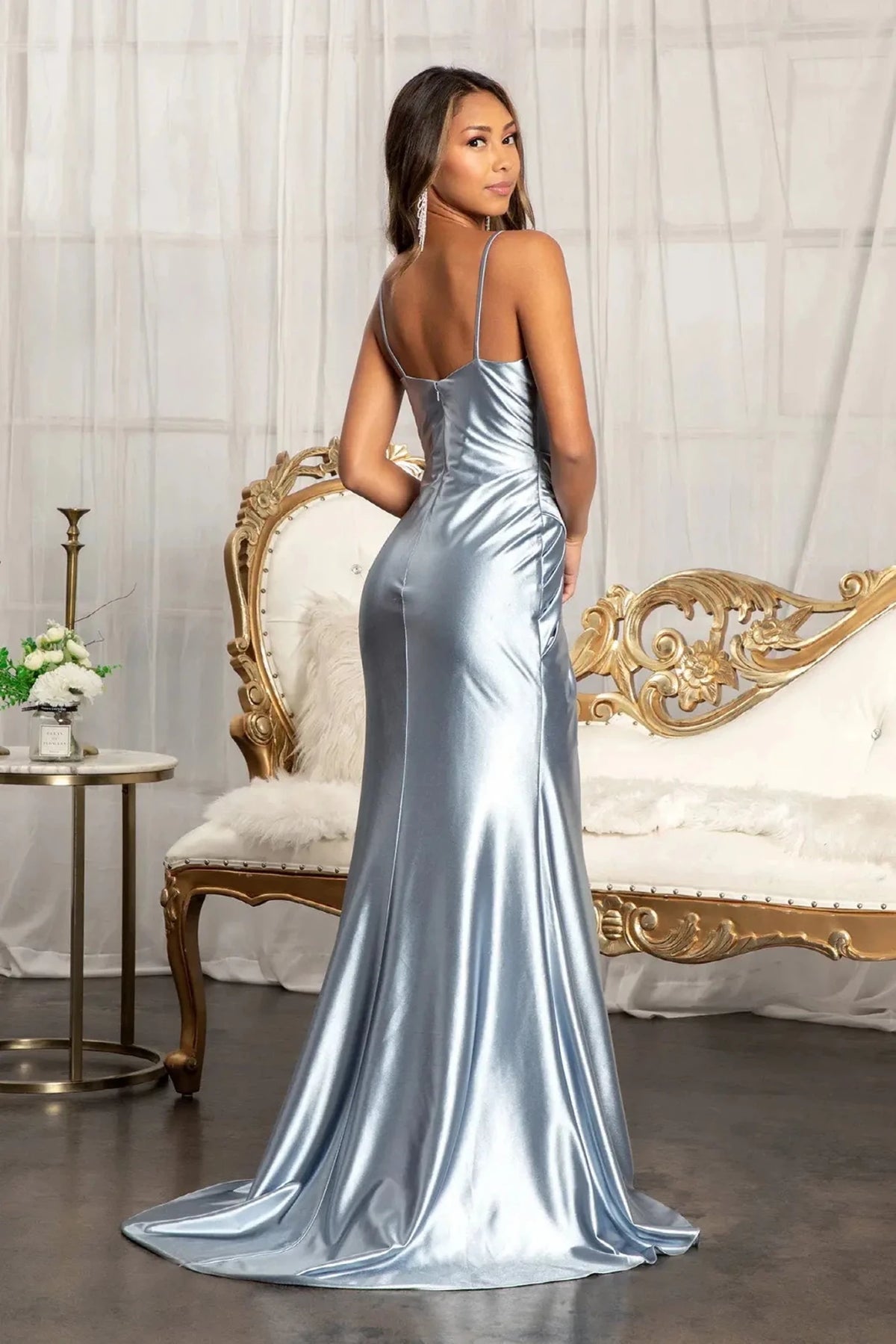 Smoky Blue sweetheart prom evening dress upper front with ruching, sweetheart, spaghetti straps