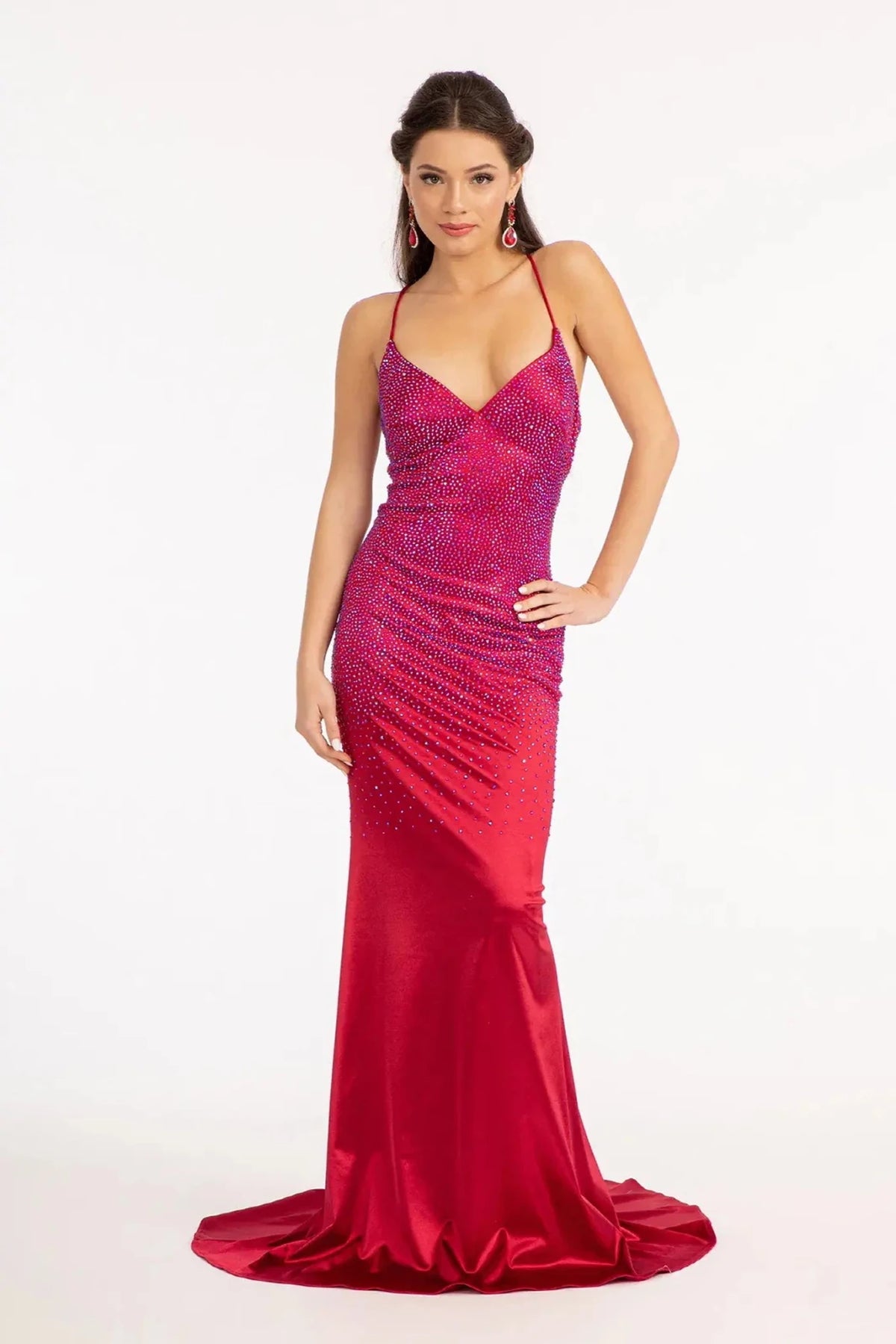 Burgundy beaded prom evening dress full front
