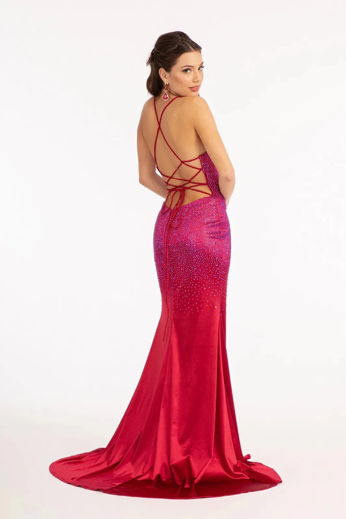 Burgundy prom evening dress full back with open back
