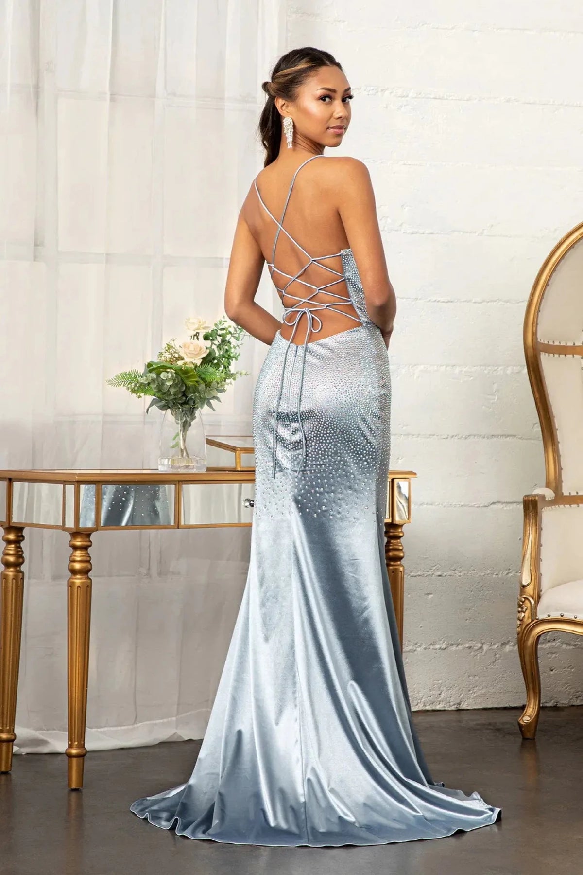 Light Blue prom evening dress full back with open back