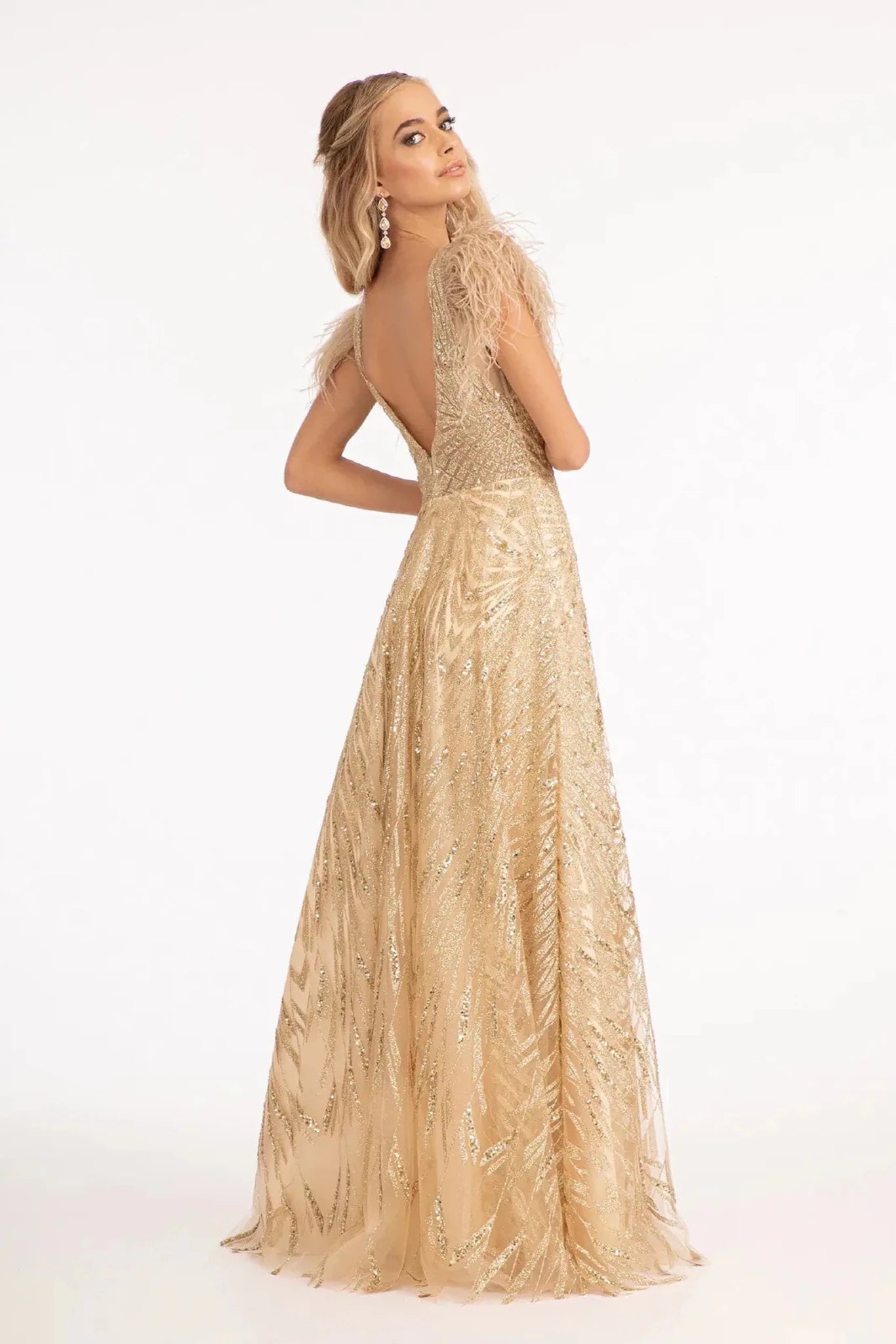 Champagne sequin feather shoulder mother of the bride dress full back view