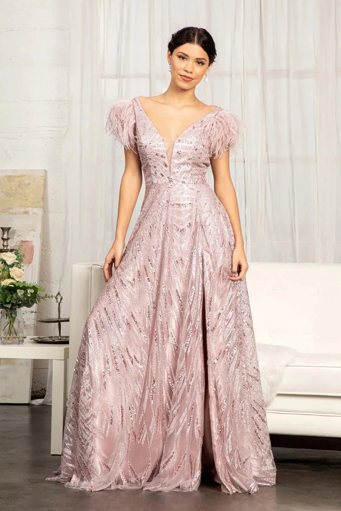 Mauve sequin feather shoulder mother of the bride dress full front view