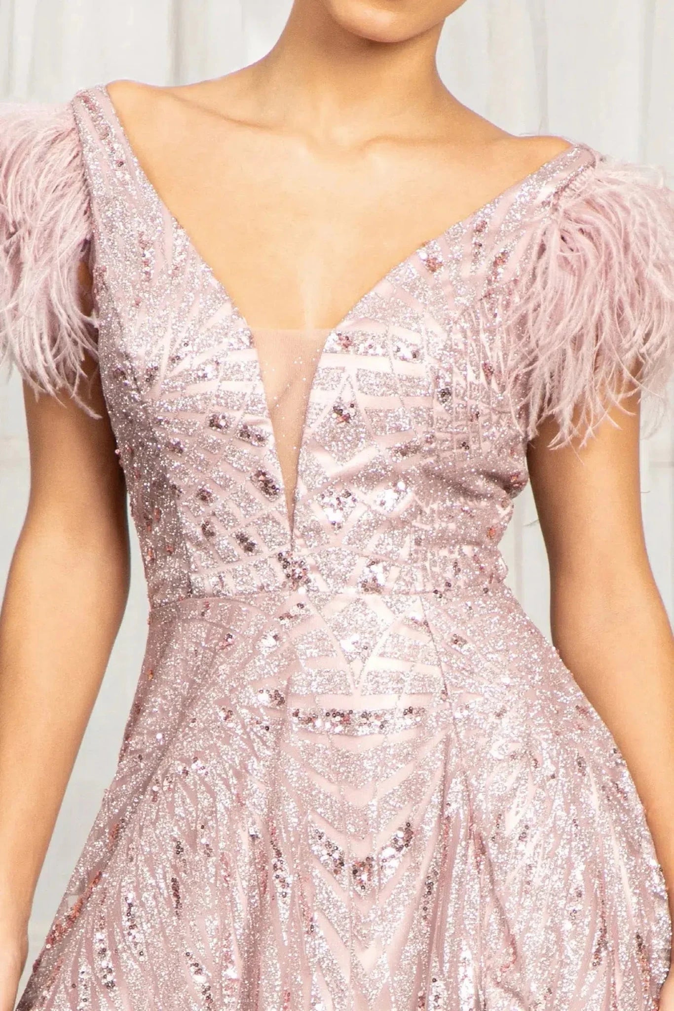Mauve sequin feather shoulder mother of the bride dress front bodice view