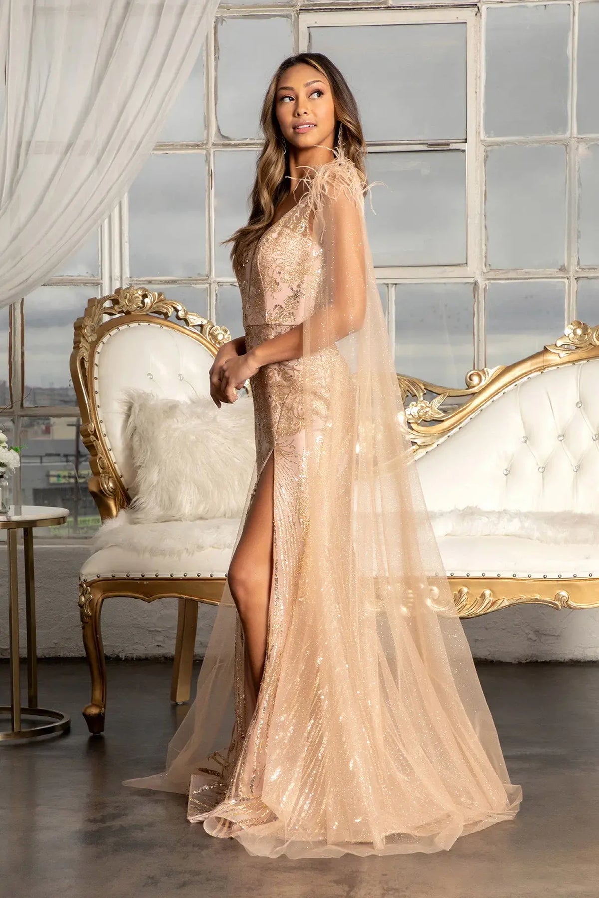 Rose Gold mother of the bride dress with long sheer shoulder drapes