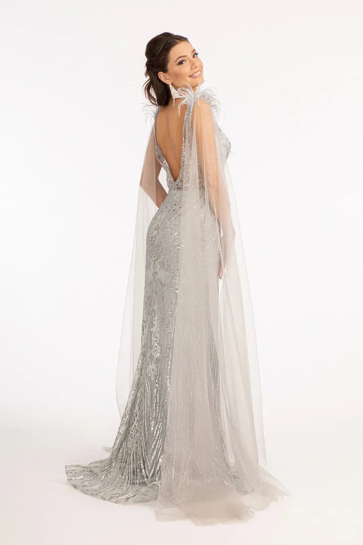 Silver mother of the bride dress with a long sheer cape over a deep V-back