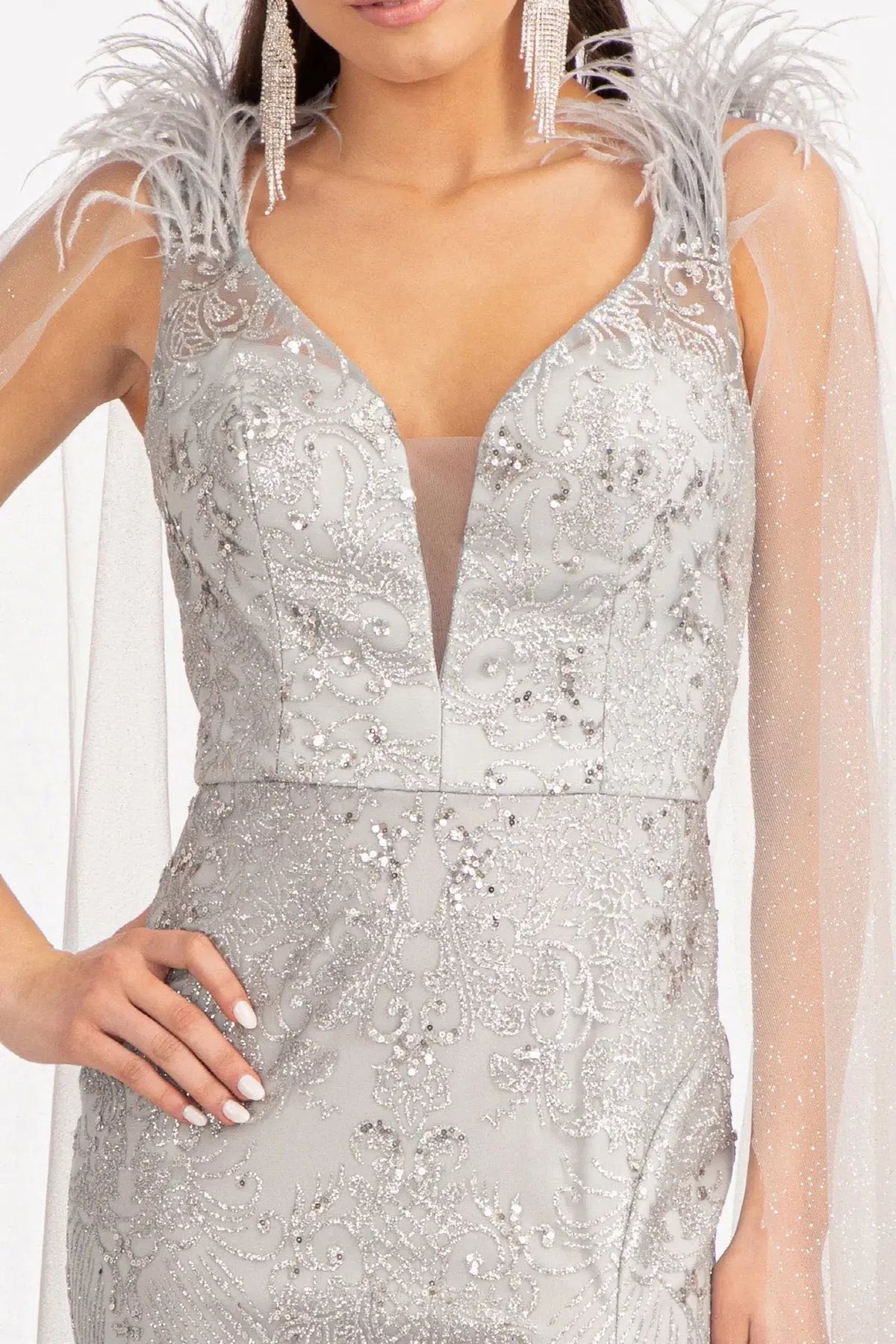 Silver mother of the bride dress with a silver sequin V-neck bodice