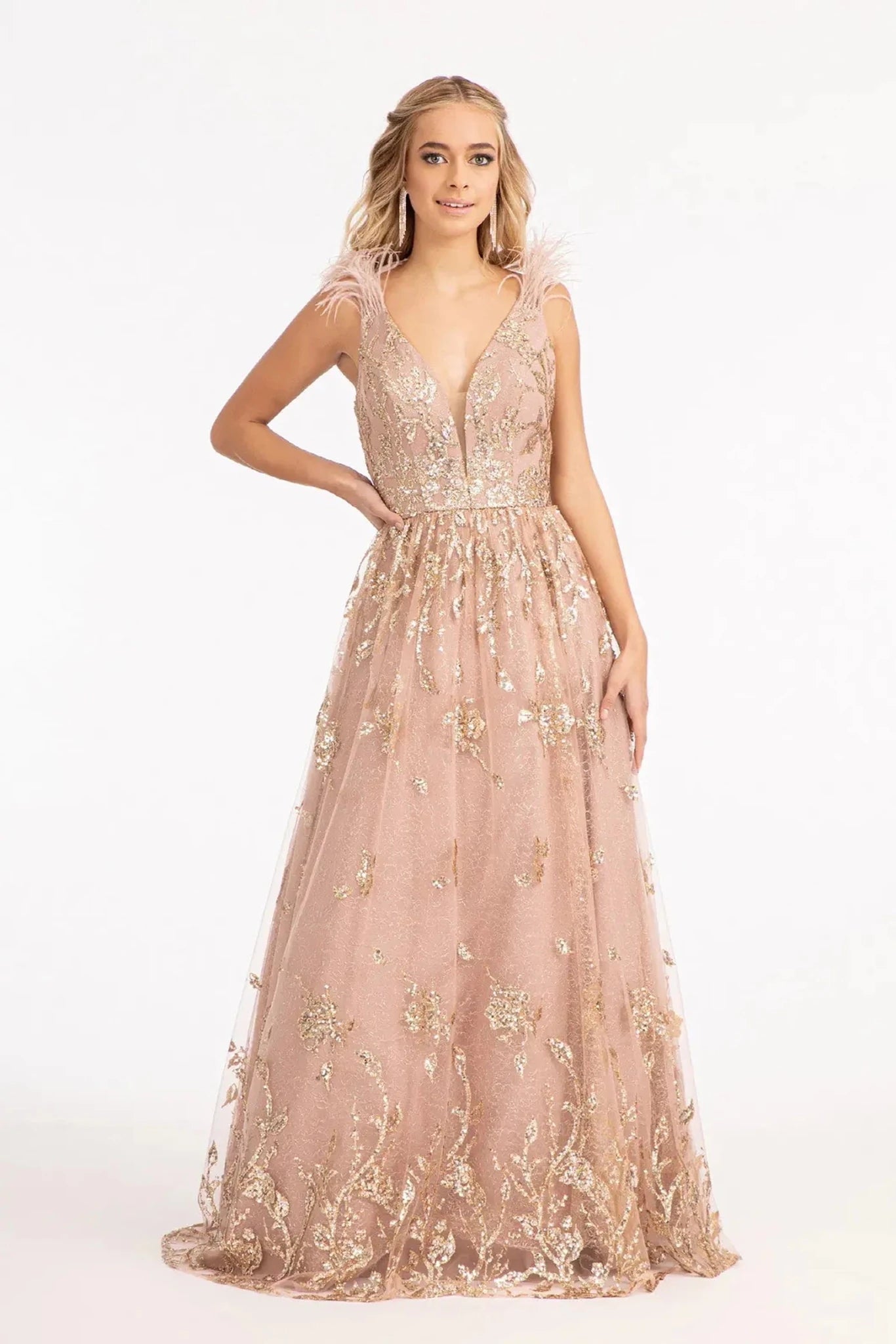 Mauve mesh sequin feather shoulder mother of the bride dress full front view