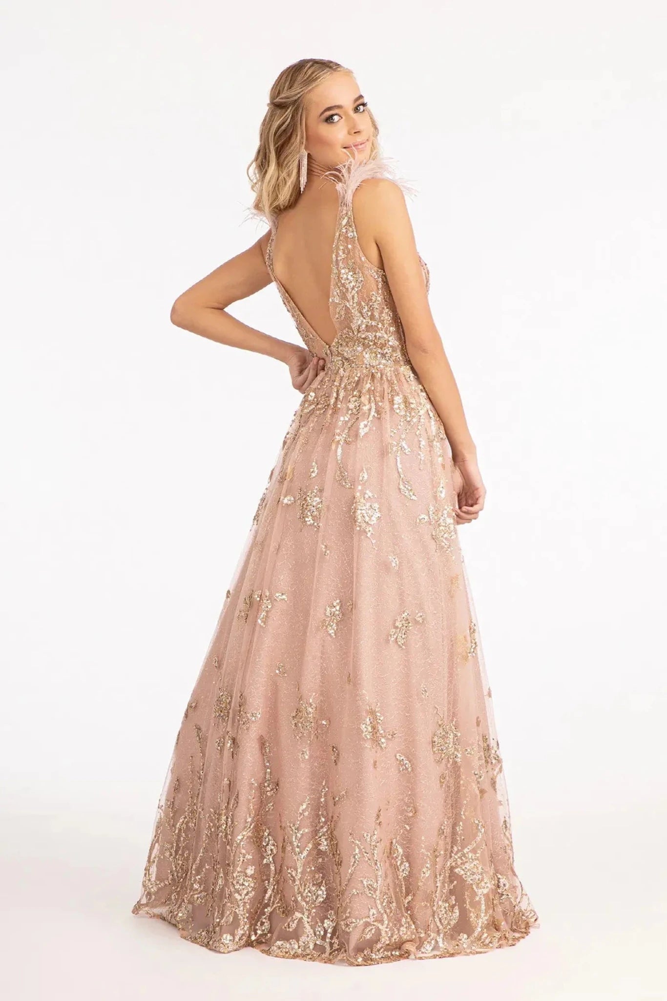 Mauve mesh sequin feather shoulder mother of the bride dress full back view