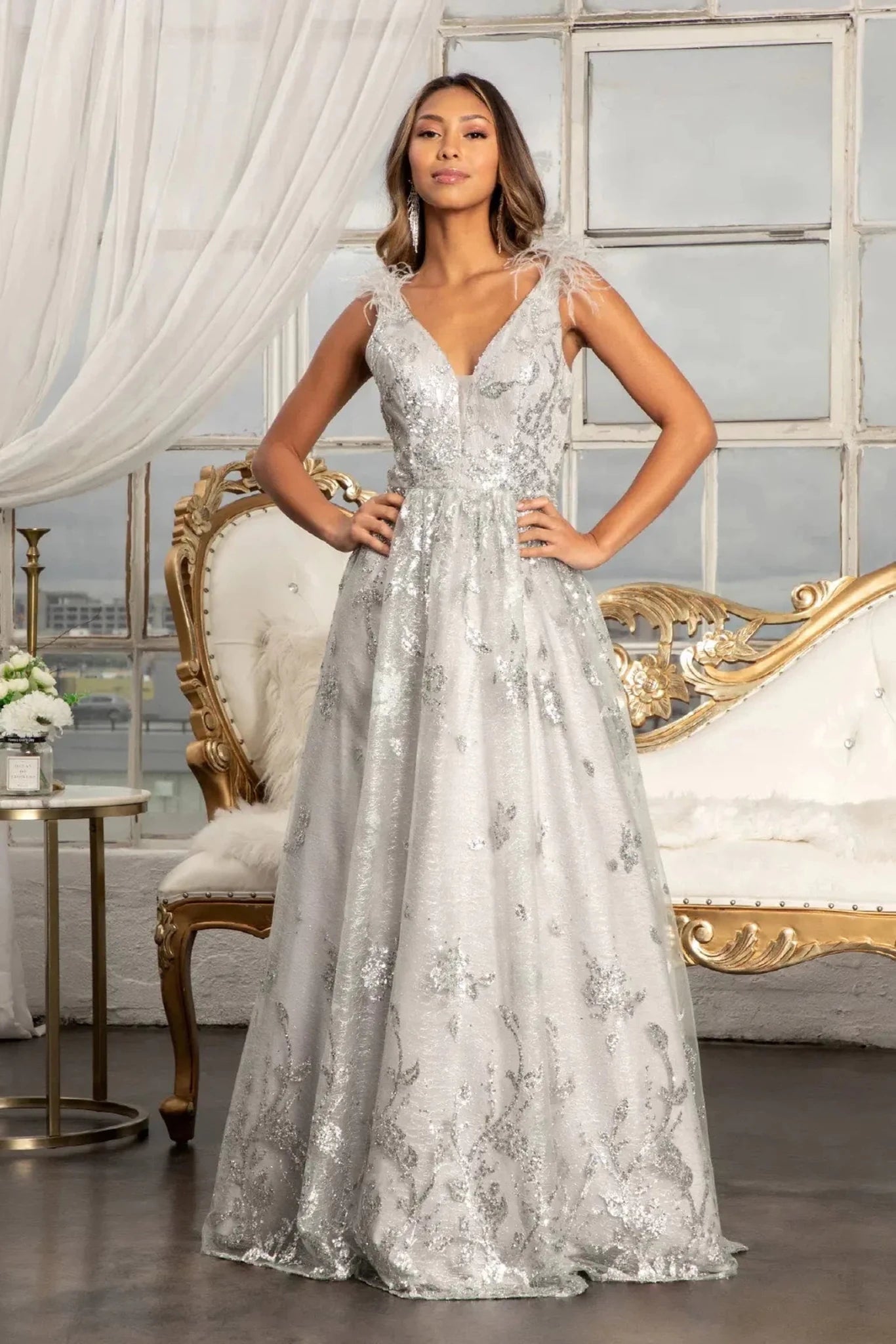 Silver mesh sequin feather shoulder mother of the bride dress full front view