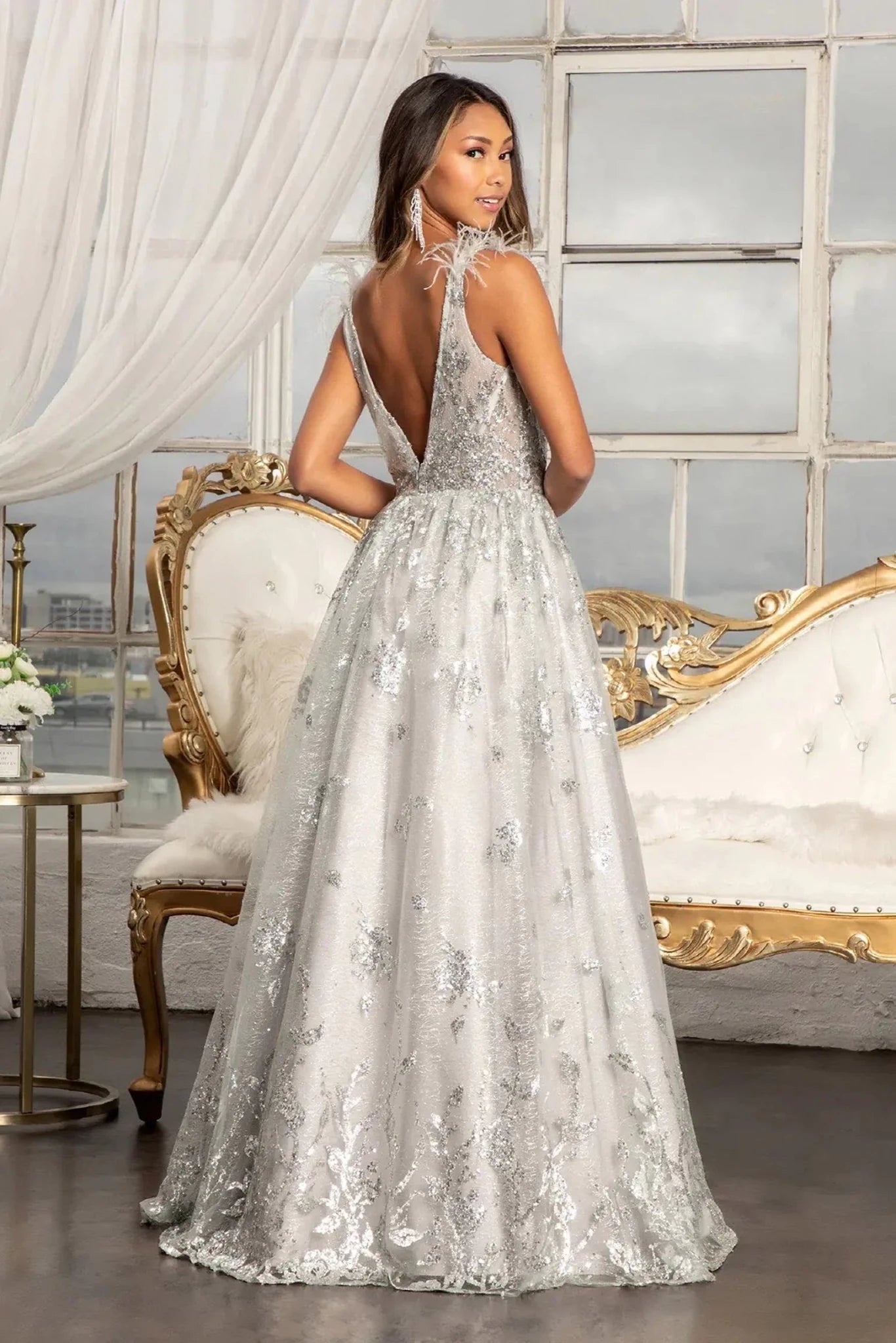 Silver mesh sequin feather shoulder mother of the bride dress full back view